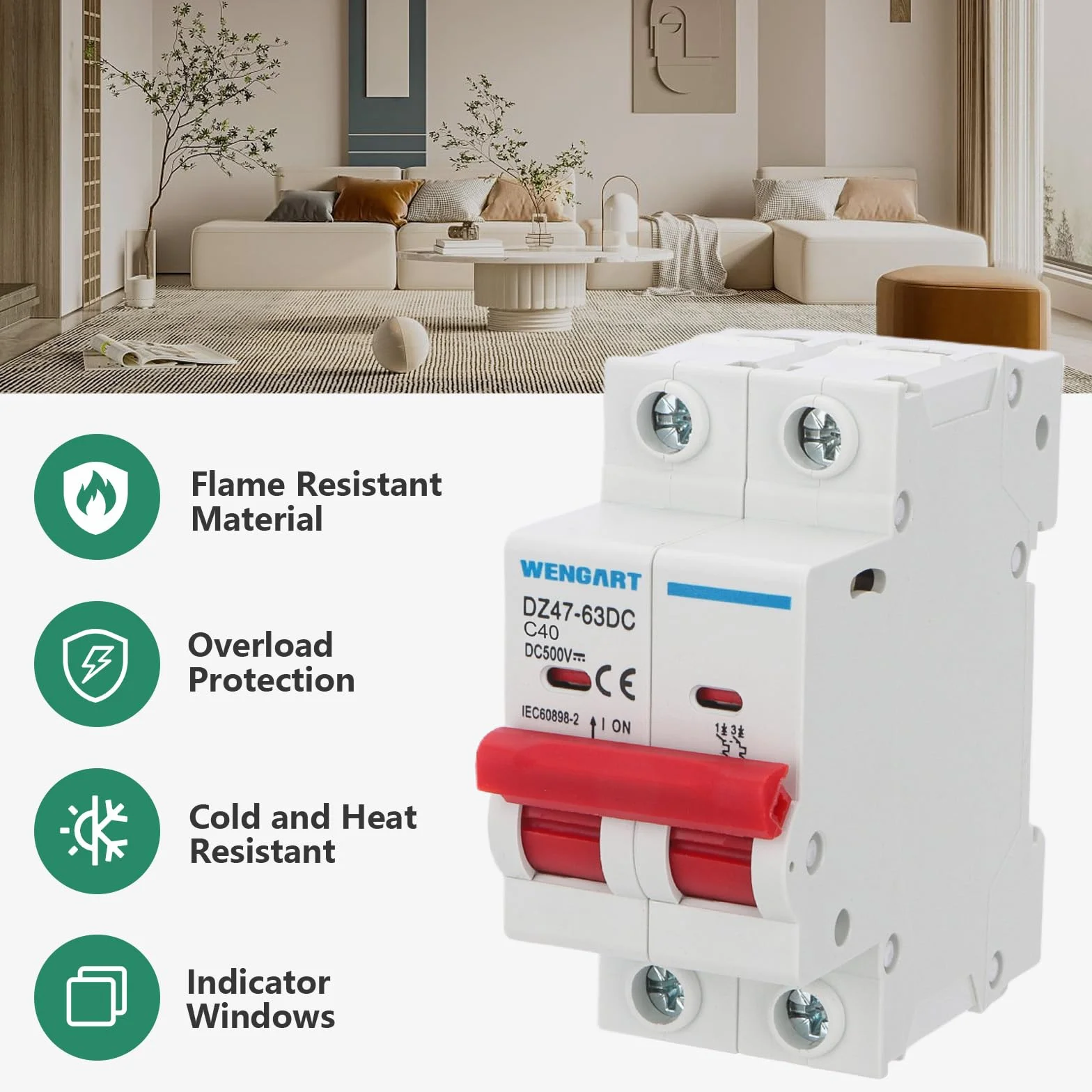 Wengart Disjoncteur CC 500V 40A - Protection Magnétothermique 2 Pôles - Spécial Solaire Photovoltaïque, Camping-Car et Batteries - Montage Rail DIN - Polarisé (+/-) - DZ47-63Z