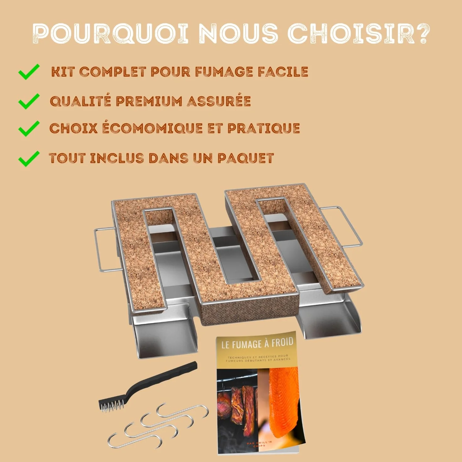 Générateur Serpentin de Fumée Froide Carré pour Fumoir Viande Poisson avec 4 Crochets et Brosse Nettoyage