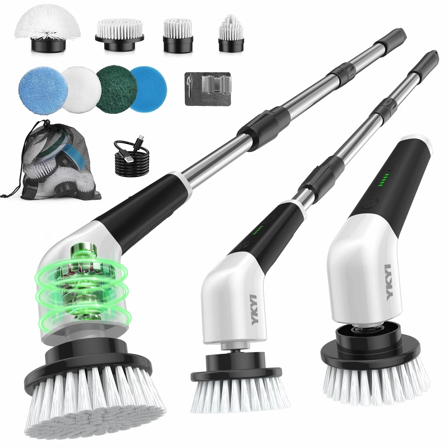 YKYI Brosse électrique Nettoyage rotative avec 8 têtes, Manche Extensible, 2 Vitesses, Batterie 2500mAh, étanche IPX7 – Brosse Nettoyage Salle de Bain et Cuisine