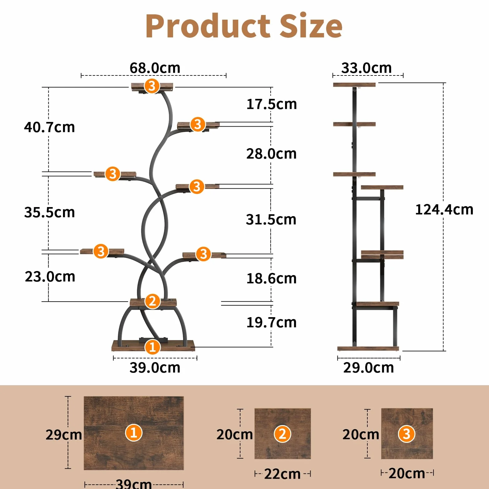 BACEKOLL Support pour plantes avec lumière de croissance 8 niveaux 124 cm Métal Bois Noir