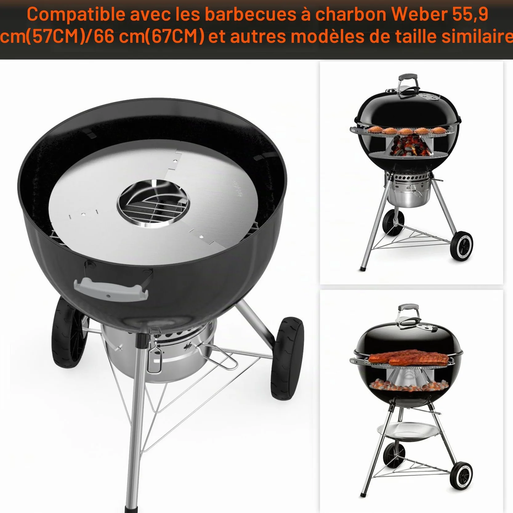 Onlyfire Panier de Charbon en Inox avec Réflecteur de Chaleur et Réservoir d'eau Amovible pour Barbecue à Charbon Weber 57 et 67 cm