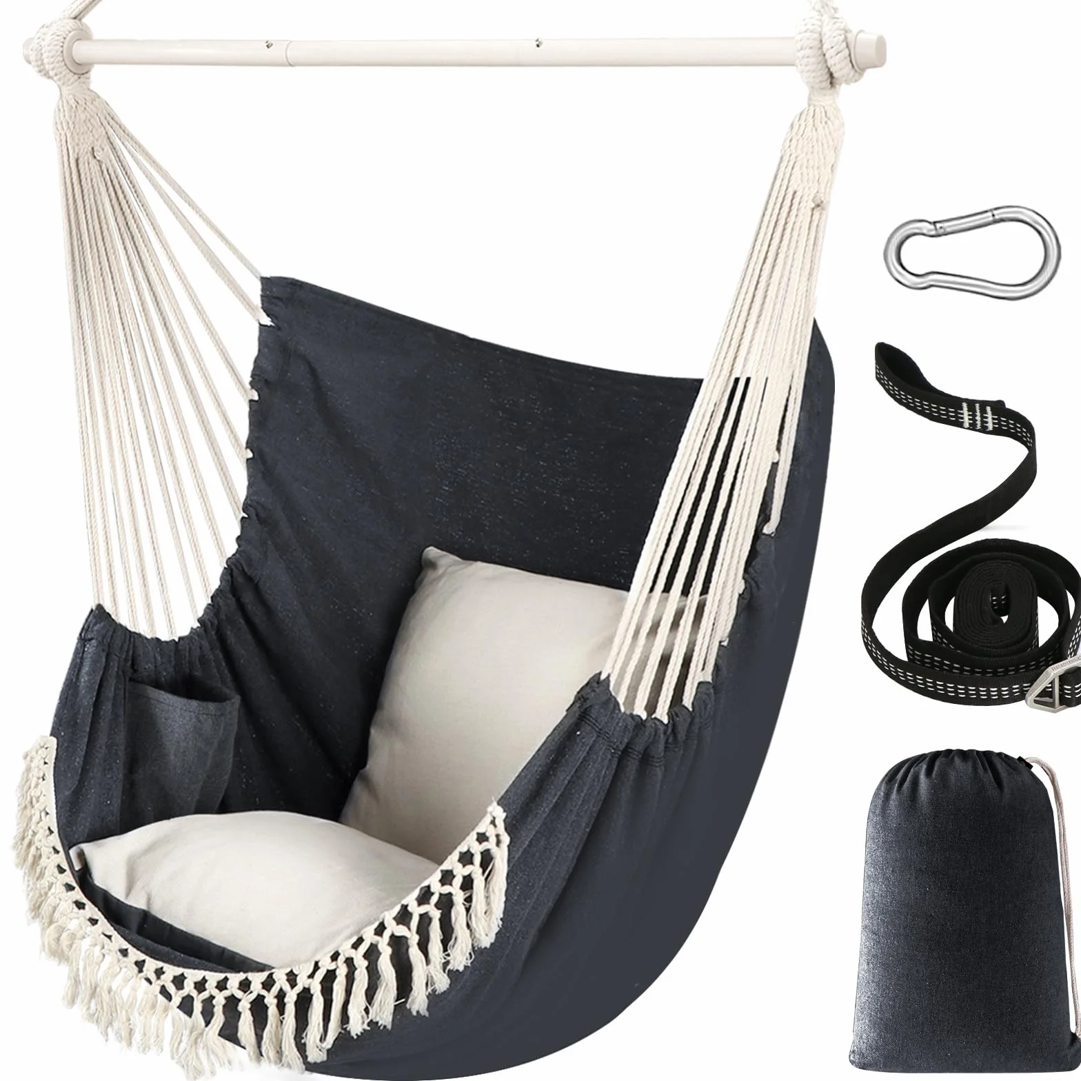 Chihee Chaise Hamac Suspendue Max 500 Lbs 2 Coussins Inclus Barre d'écartement Métal Antidérapante Poche Latérale Bohémienne