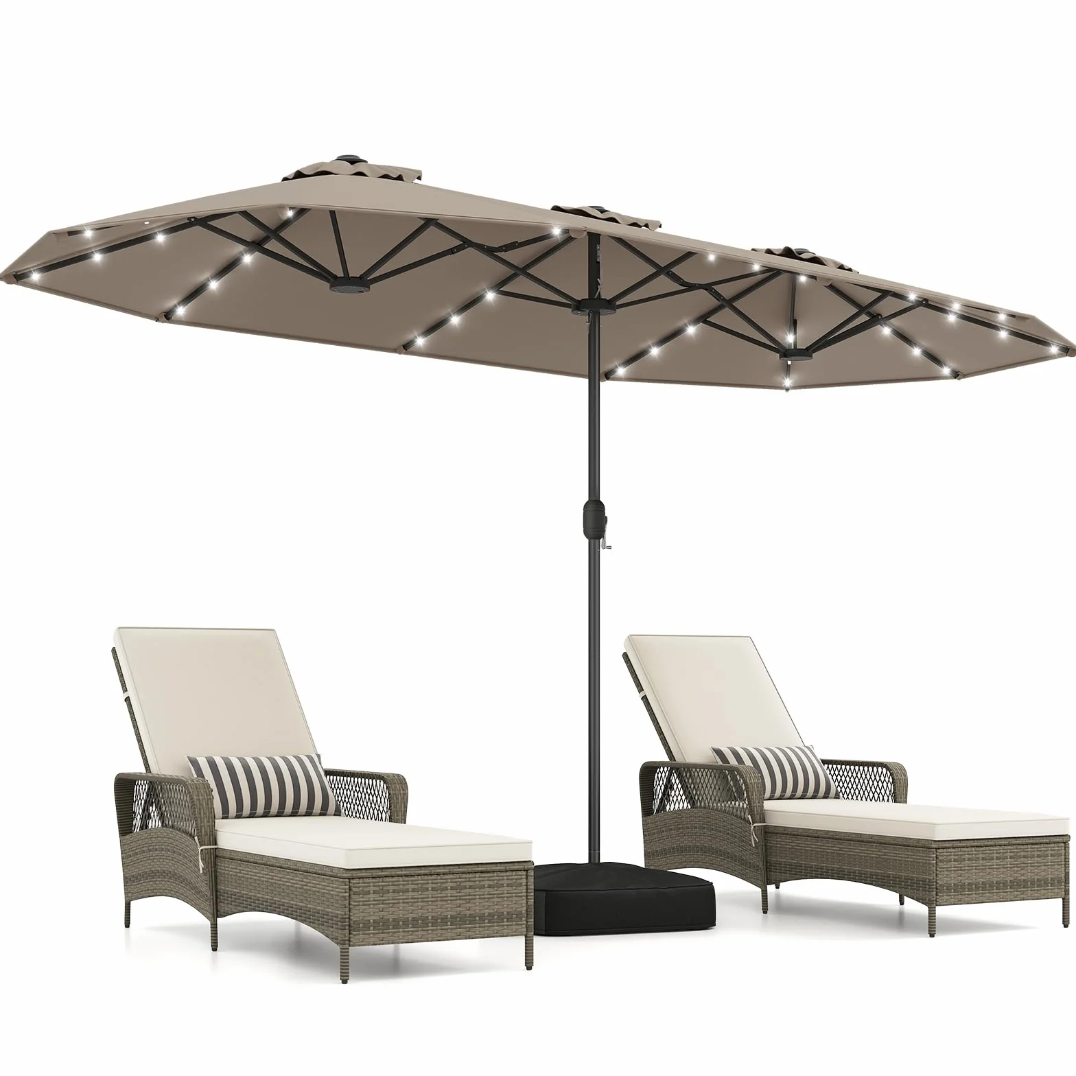 COSTWAY Parasol de Jardin Exterieur 4 x 2 m LED Solaires Double Rectangulaire avec Manivelle Marron