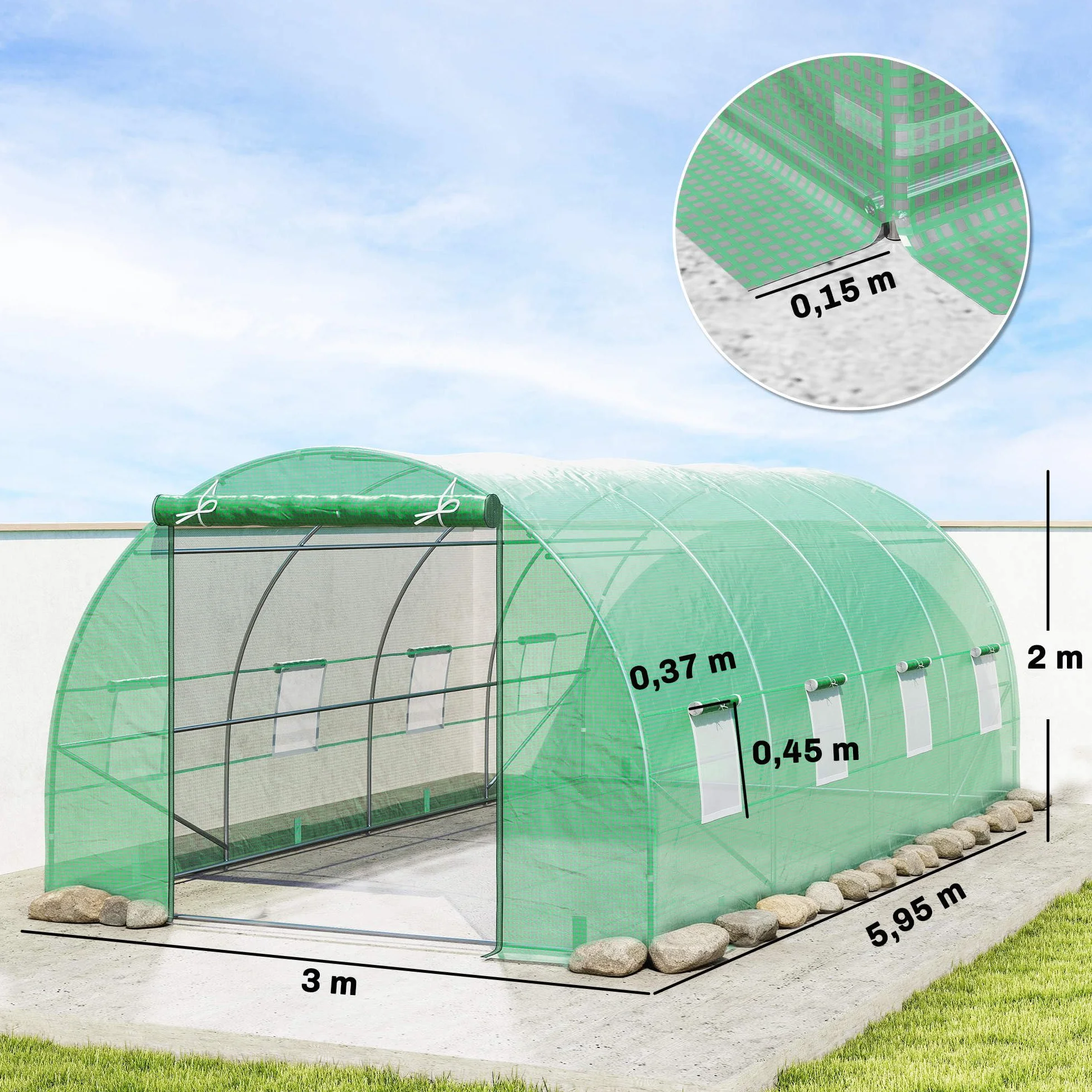 Serre de Jardin Tunnel 6L x 3l x 2H m Acier galvanisé renforcé 2,5 cm 8 fenêtres 1 Porte Vert
