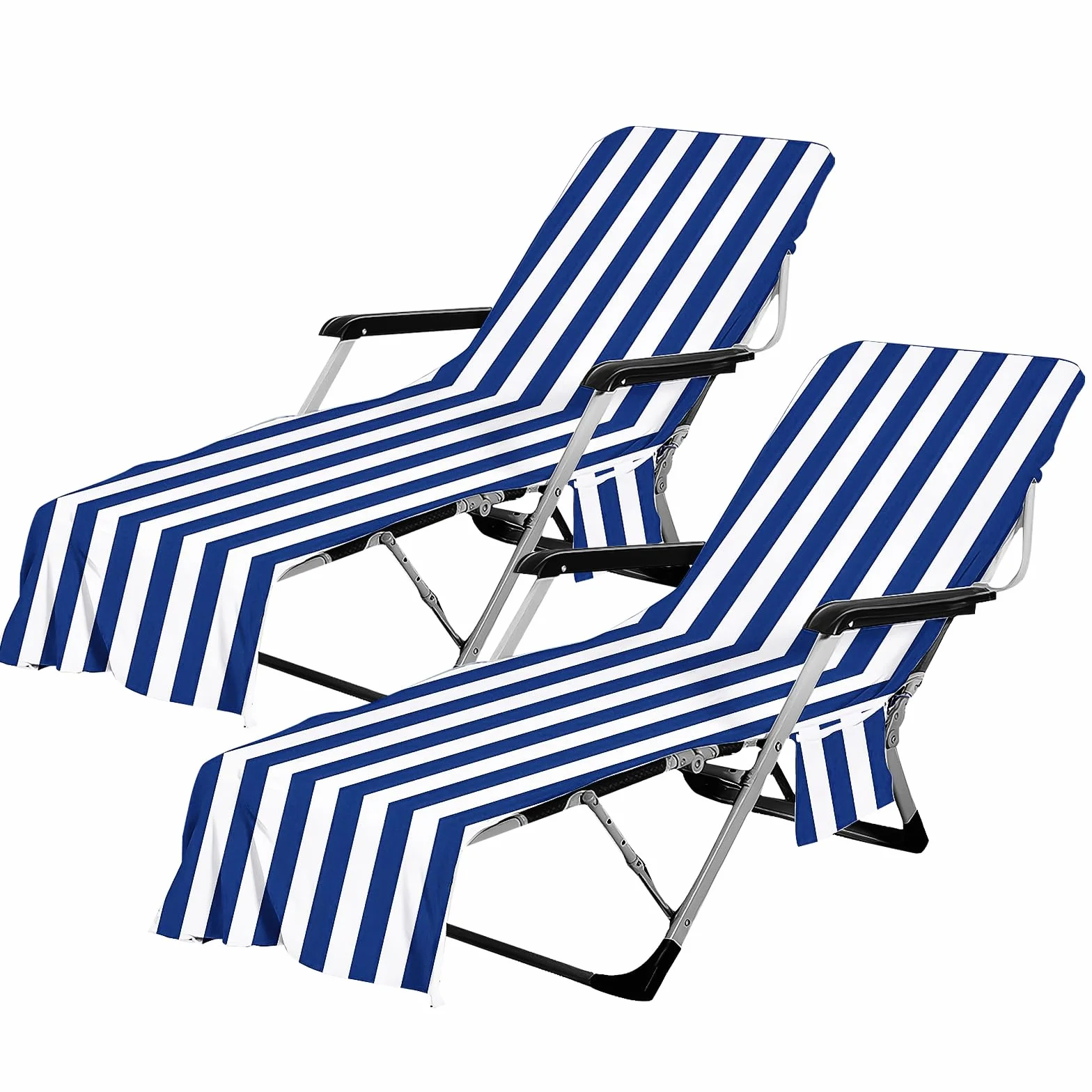 Housses de Chaise de Plage en Microfibre 210 x 73 cm, Serviettes de Transat avec Poches Latérales, Rayées Bleu et Blanc