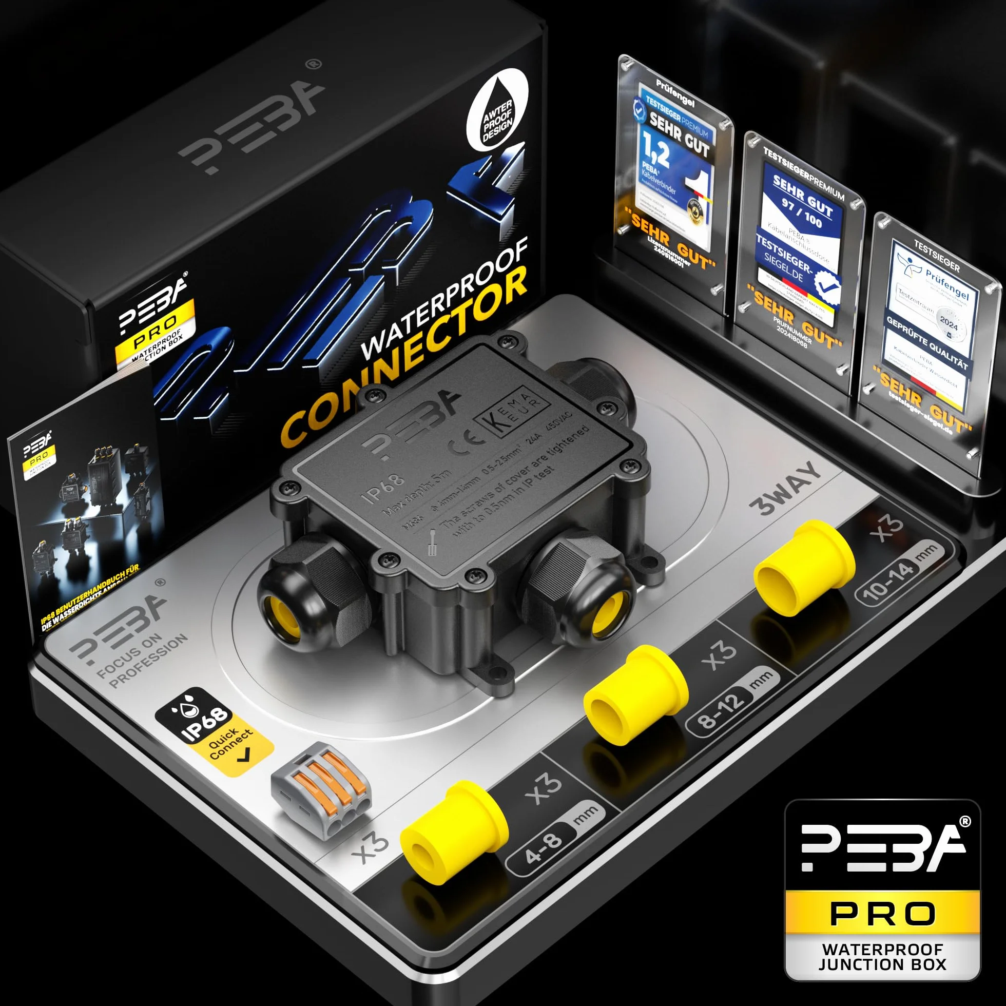 PEBA® Boîte dérivation étanche extérieur IP68,Connecteur Électrique Étanches,Connecteur étanche extérieur à 3 Voies pour câble de Ø4-14 mm de diamètre,Boite Derivation,Boîte de Jonction,Noir