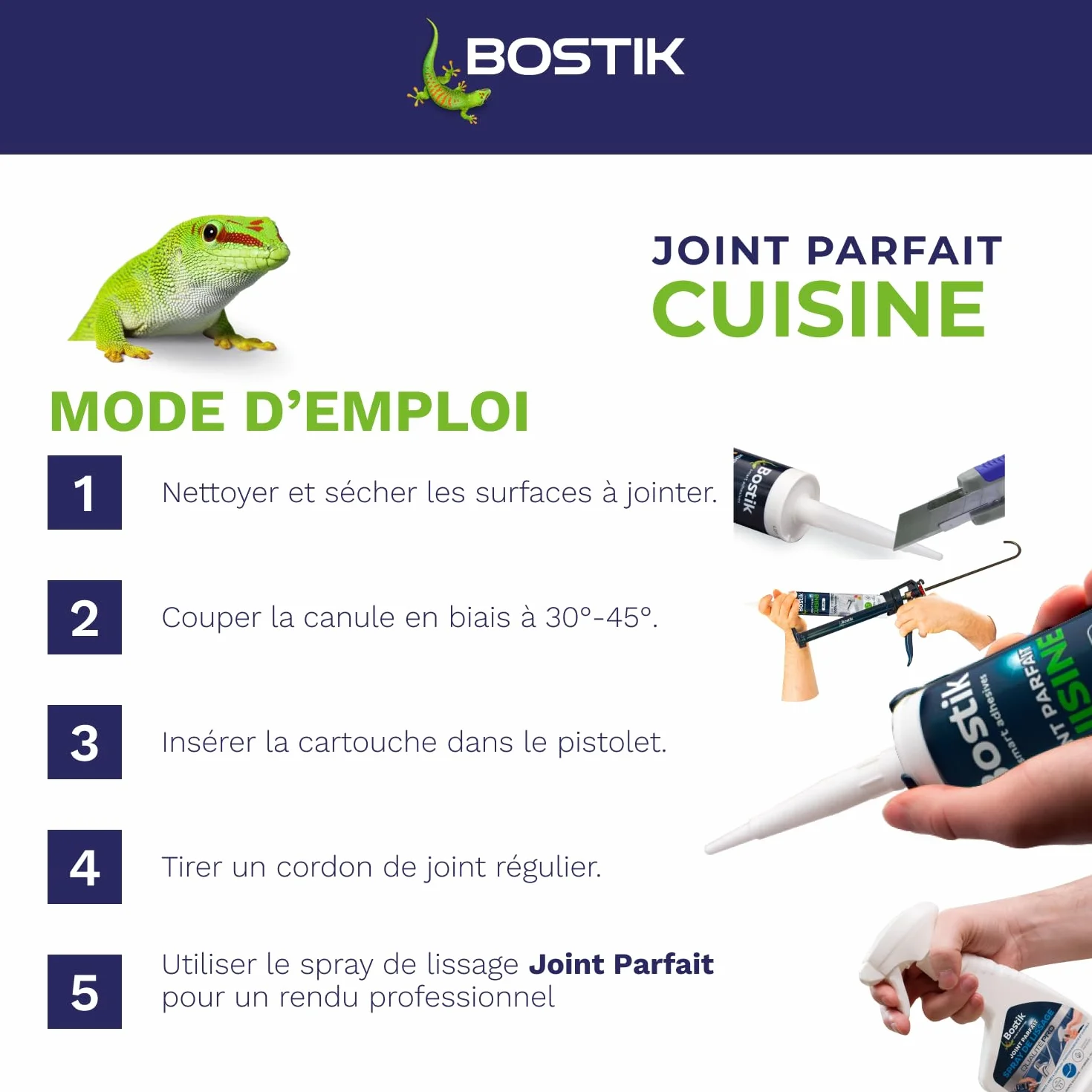 Bostik Mastic d’Étanchéité Joint Parfait Cuisine – Jointe Tous Matériaux – Sans Odeur – Traité Anti-Moisissures – Certifié Contact Alimentaire - Formule 100% Silicone – Couleur : Transparent – 280 ml