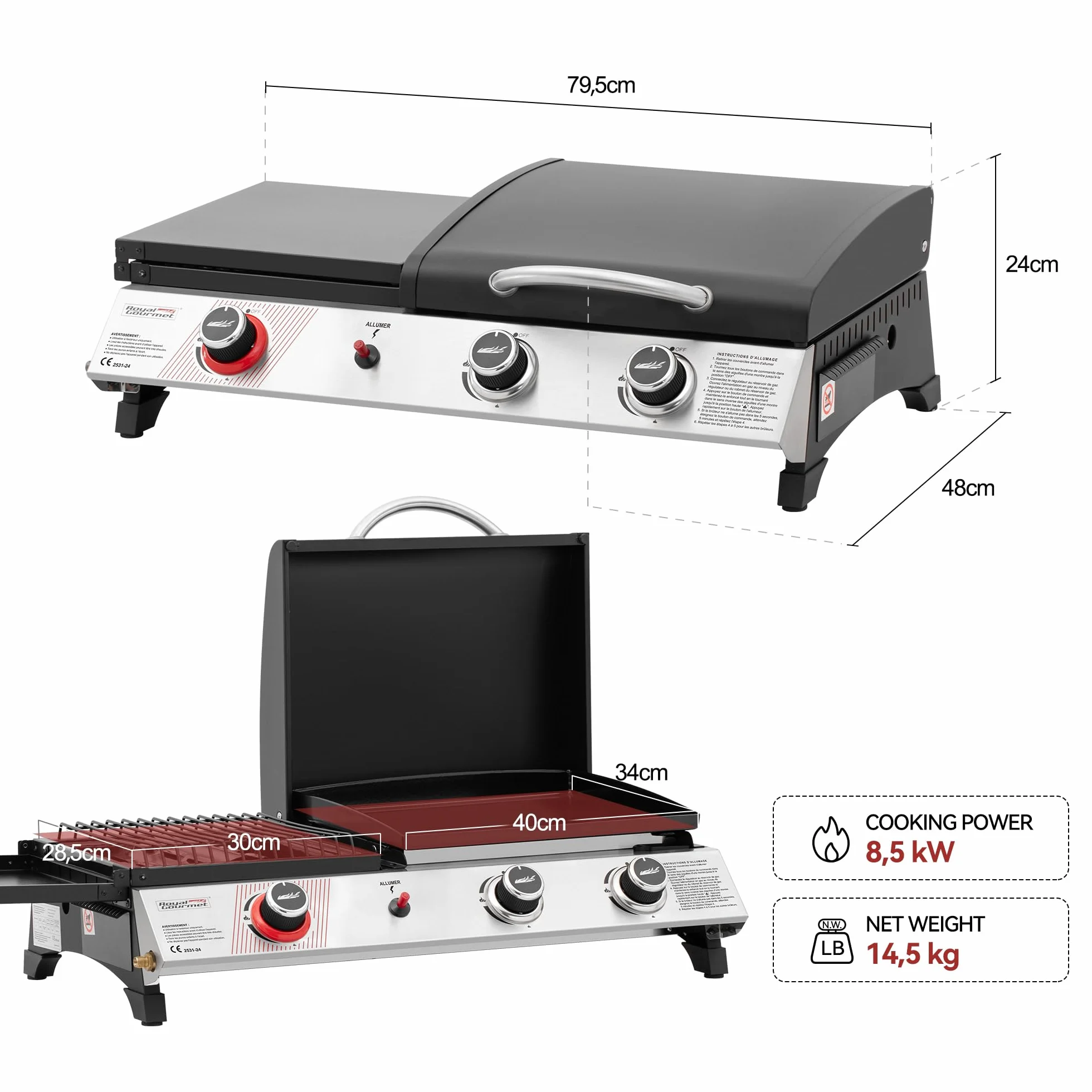 Royal Gourmet Barbecue Gaz Portable 3 Brûleurs 3 en 1 Plancha Grille 8.5kW Propane Noir