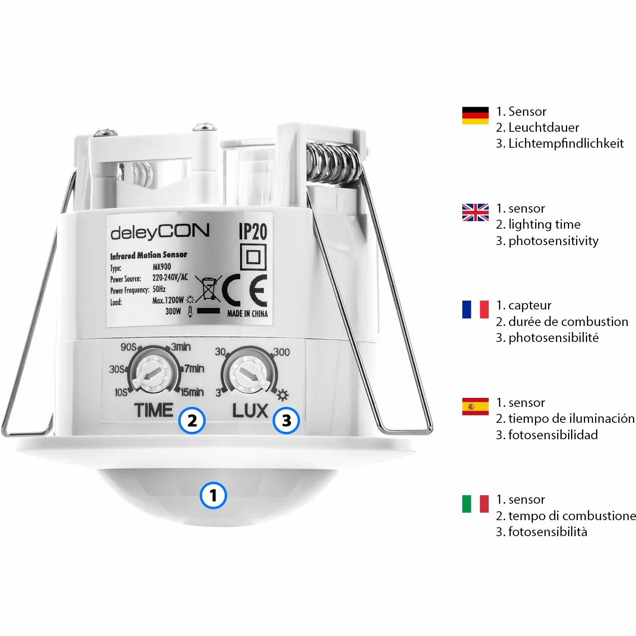 deleyCON 4X Infrarouge Détecteur de Mouvement Encastré Montage au Plafond Intérieur Contrôle des Feux Zone de Travail à 360° Portée de 6m Capteur de Lumière Intégré Blanc