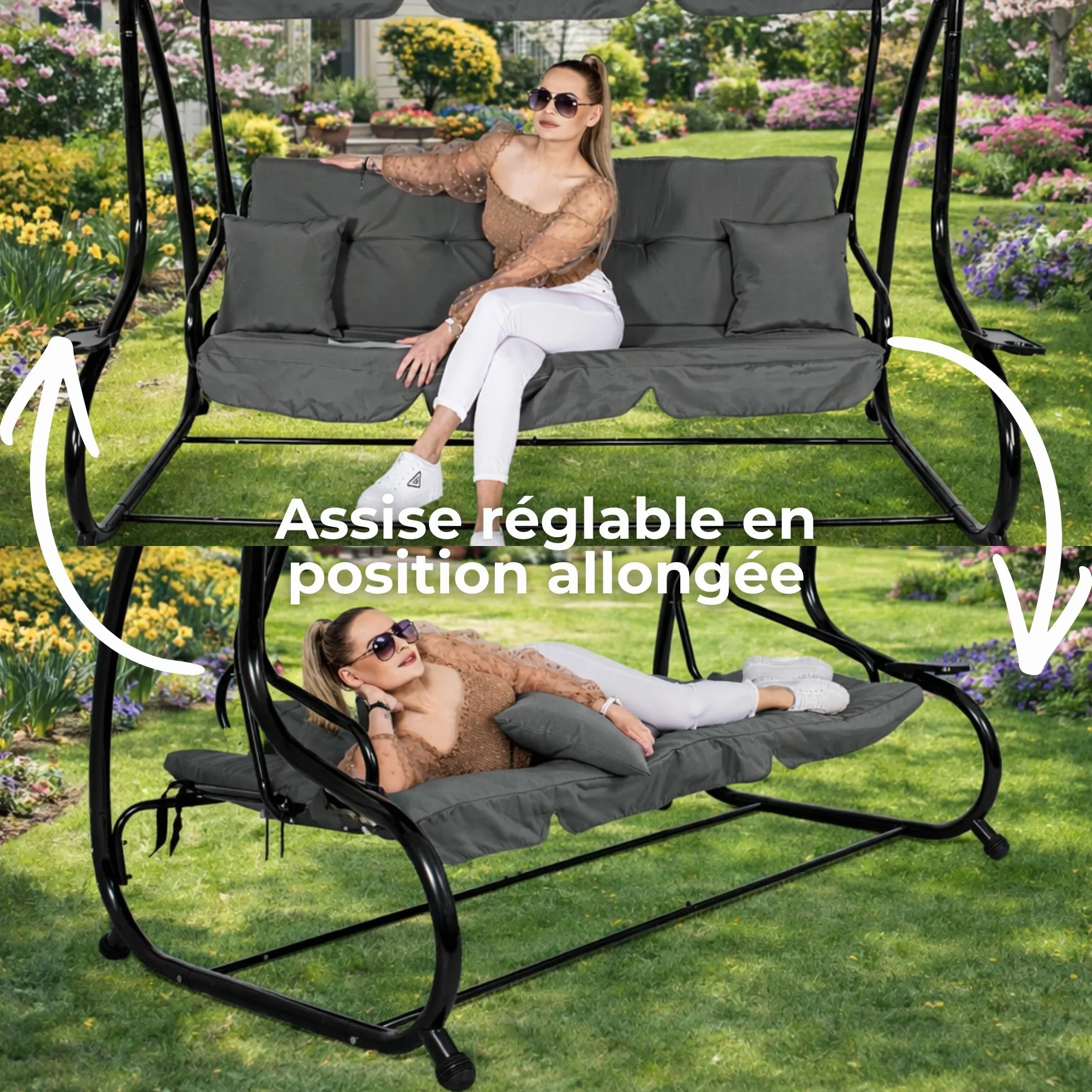 SPRINGOS Balancelle de Jardin 4 Places 220 x 162 cm avec 2 Coussins Porte-Gobelet Toit Réglable Balançoire Jardin Acier Gris