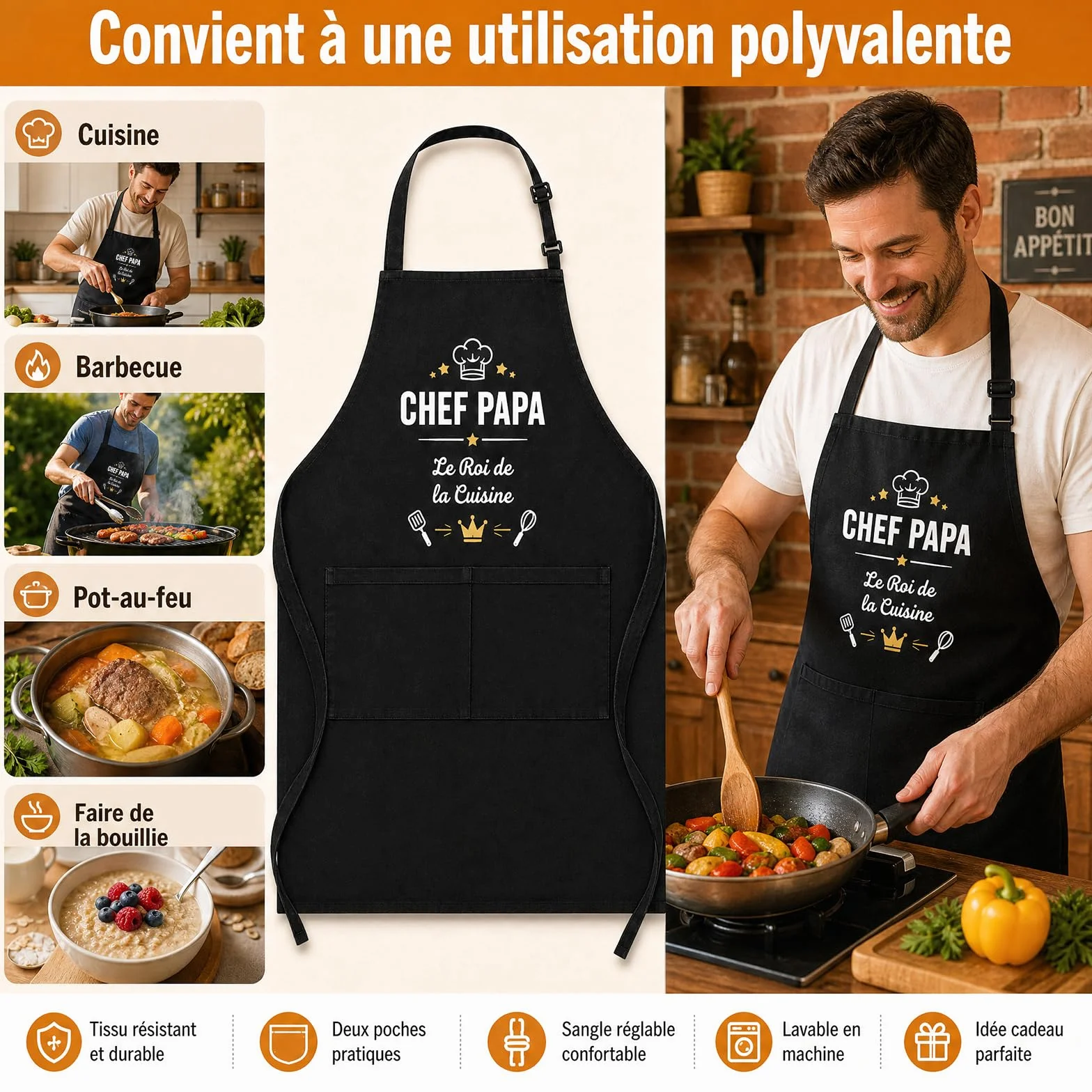 Tablier de Cuisine Homme Cadeau Fête des Pères Personnalisé Chef Papa