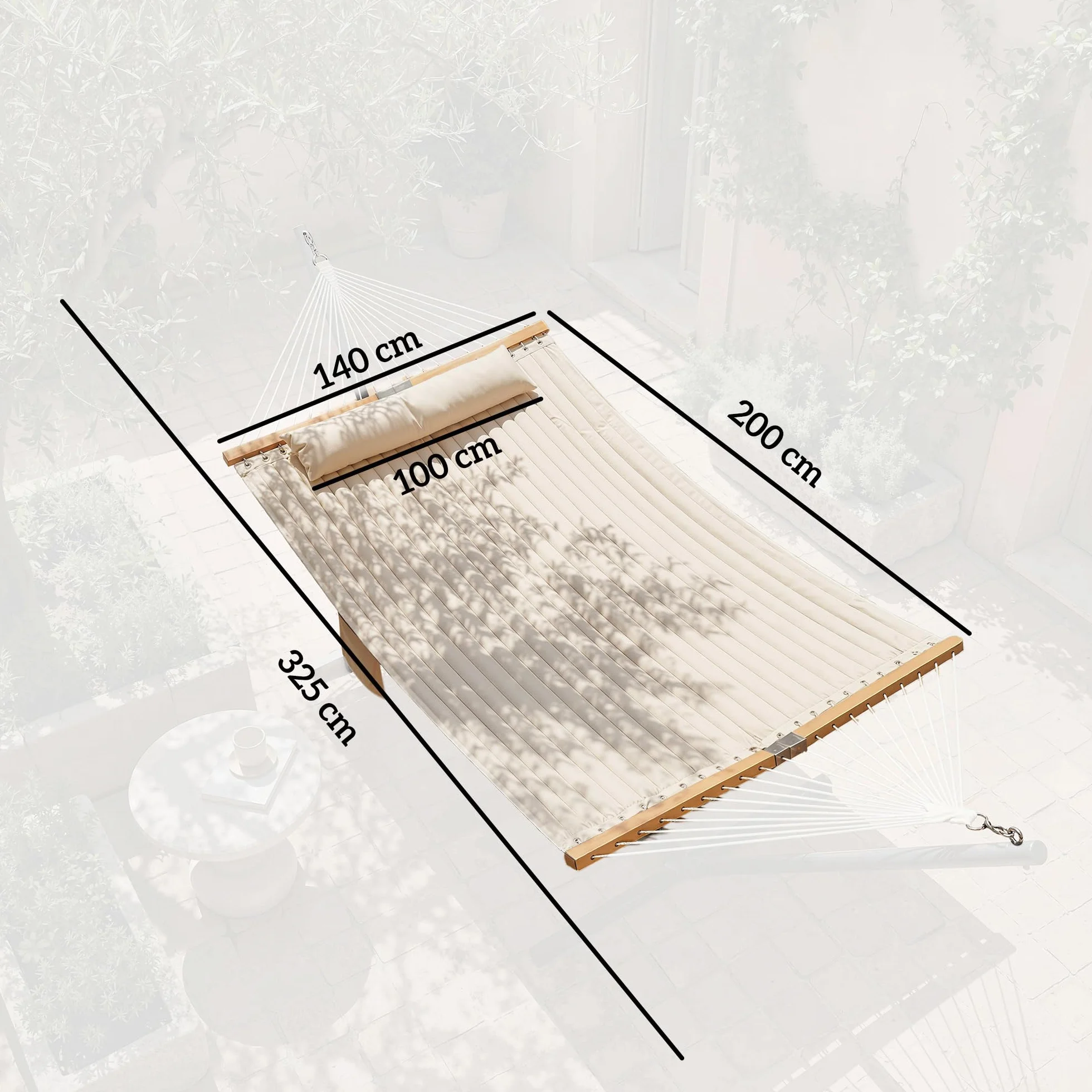 Outsunny Hamac Suspendu 325 cm avec Oreiller Extra-Long, Tissu Matelassé, Barres Anti-basculement Hêtre Courbées