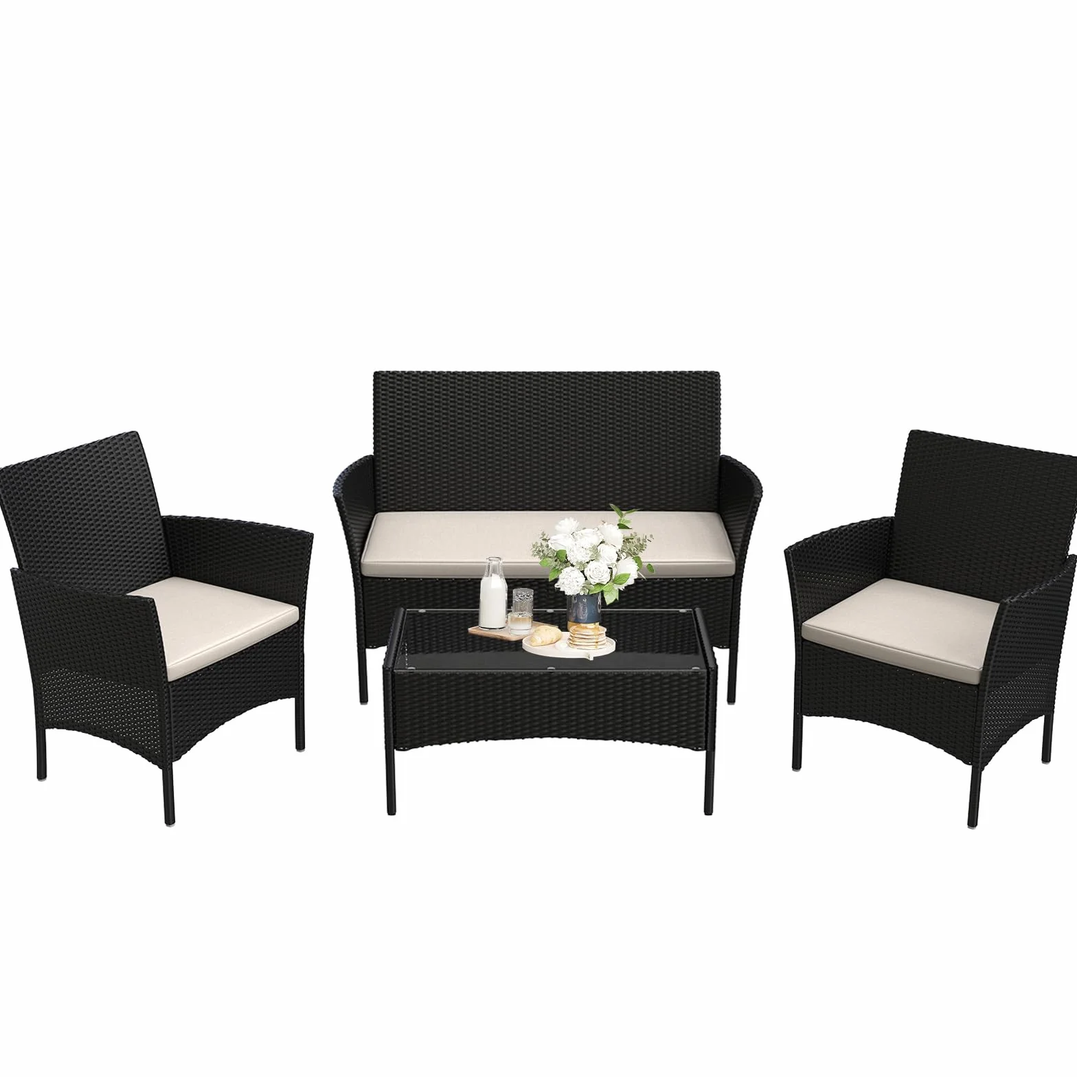 Salon de Jardin en Résine Tressée 4 Personnes avec 2 Fauteuils 1 Canapé 2 Places Table Noir