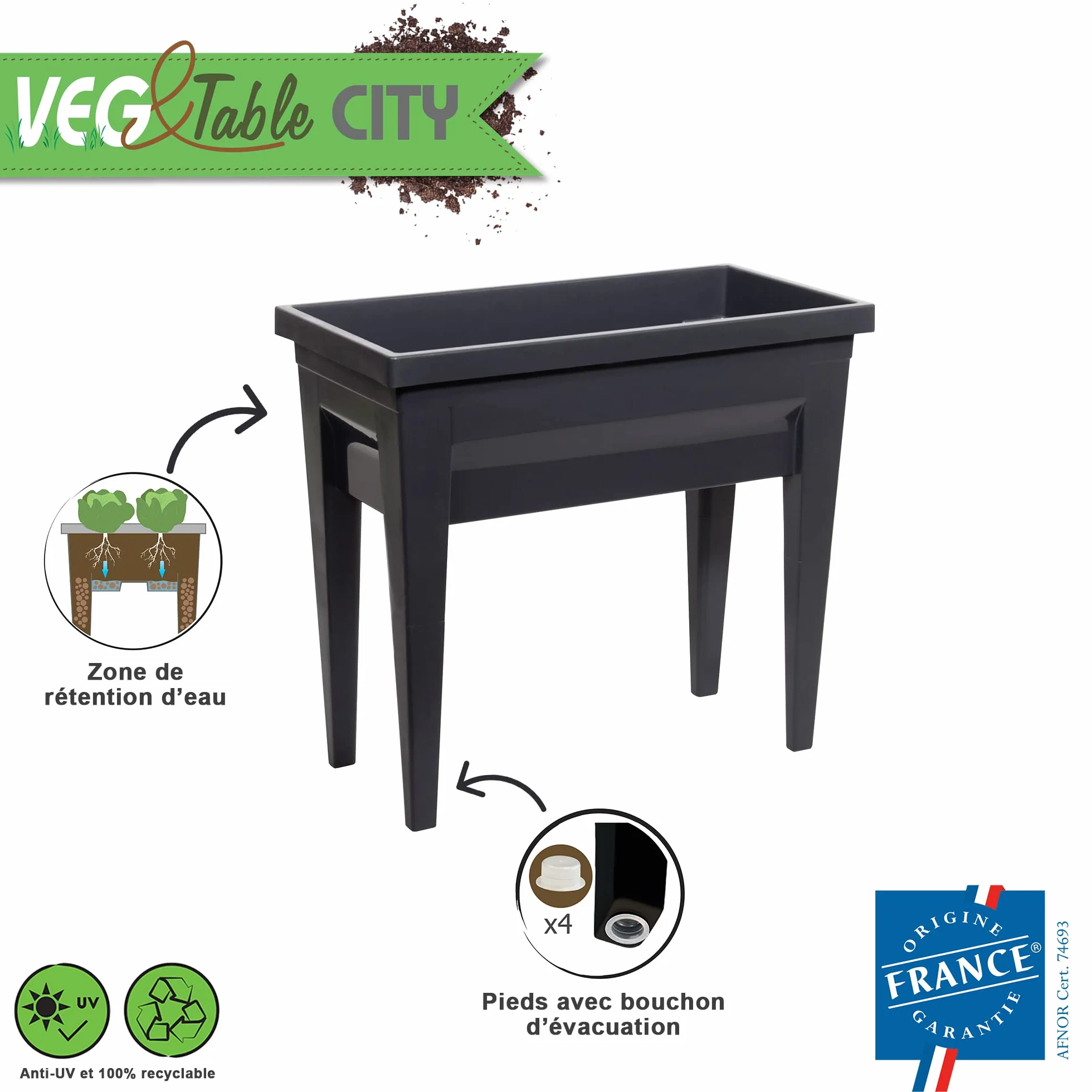Espace Potager Veg&Table City 57 L Zone Rétention d'Eau 76 x 38,5 x 68 cm Gris anthracite