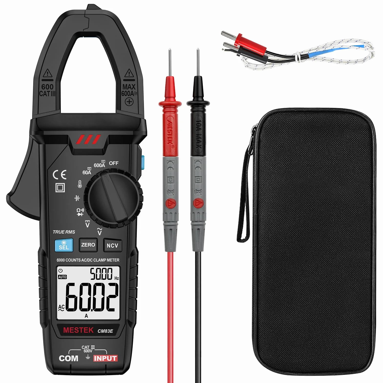 Pince Ampèremétrique Numérique AC DC MESTEK 0-600A Multimètre Clamp Automatique T-RMS Voltmètre Tester Mesure Courant/Tension/Température/Diode/Continuité/Résistance/Fréquence/Capacité NCV VFD Low-Z