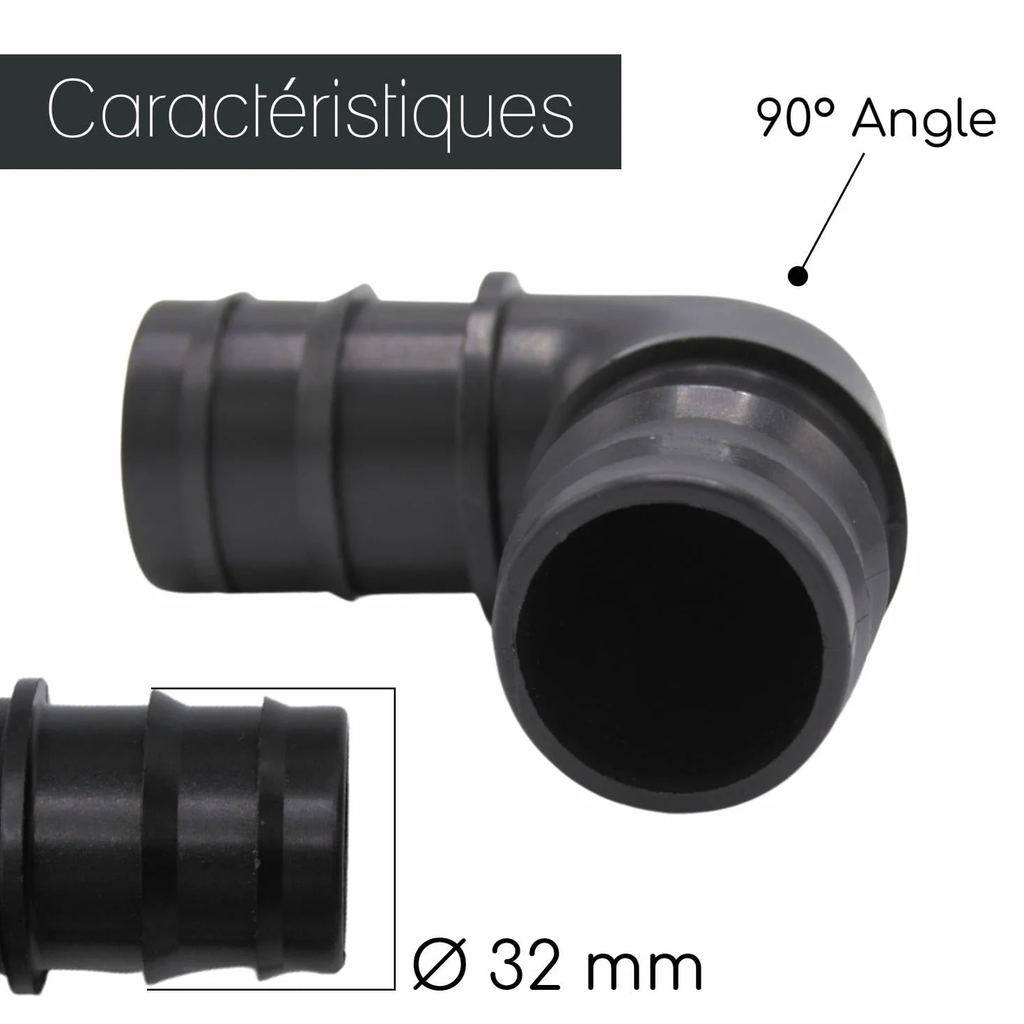 Raccord coudé 90° tuyau 32 mm polypropylène noir pour piscine arrosage