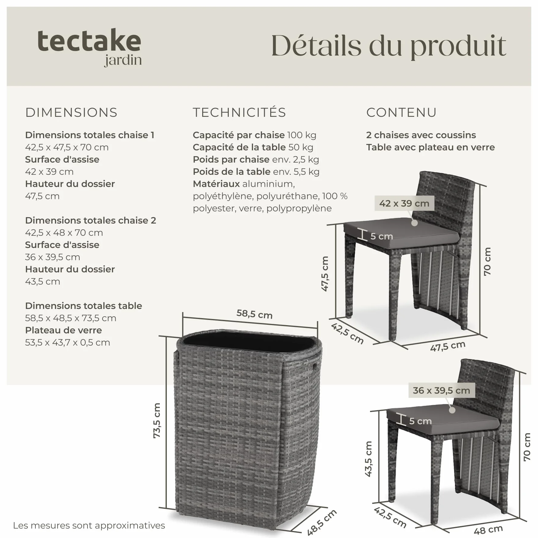 Tectake Ensemble Salon de Jardin 2 Personnes Poly Rotin Aluminium Fauteuil Table Coussins Inclus