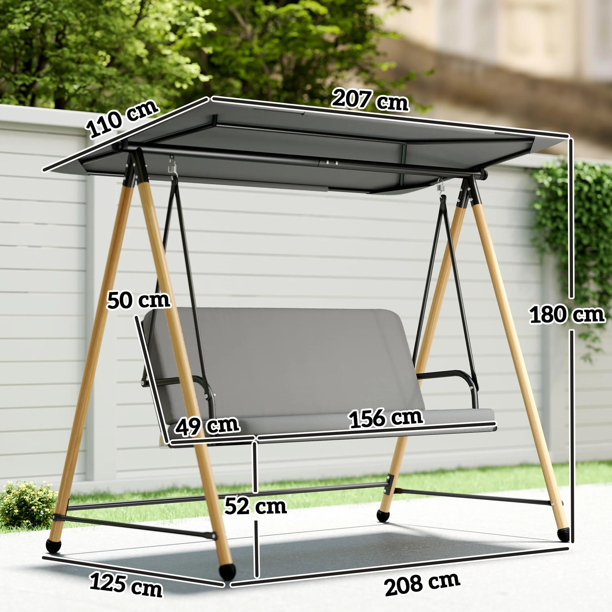 Outsunny Balancelle de Jardin 3 Places, Balançoire Extérieure Toit Réglable, Cadre Acier 360 kg 208x125x180 cm Gris