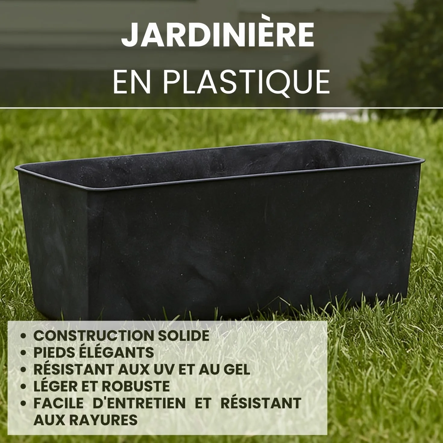 LAMELA Jardinière Rectangulaire Noir Aspect Béton 28,5 x 17 cm 4,2L Plastique Robuste Résistant Aux Intempéries