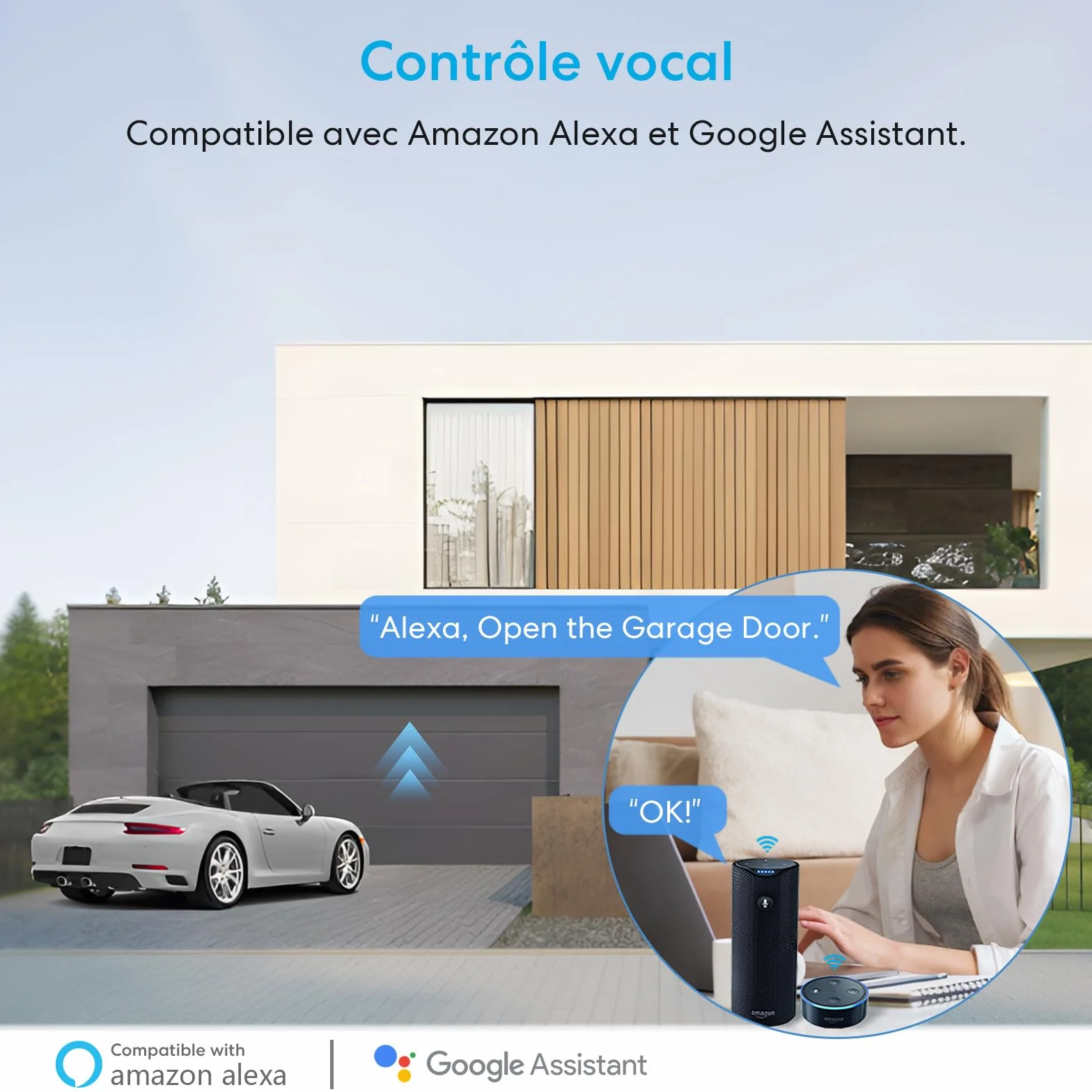 Ouvre-Porte de Garage Connecté WiFi, Capteur sans Fil, Interrupteur de Porte Intelligent, Compatible avec Google Home Alexa, Kits Smart Module pour Portail Coulissant