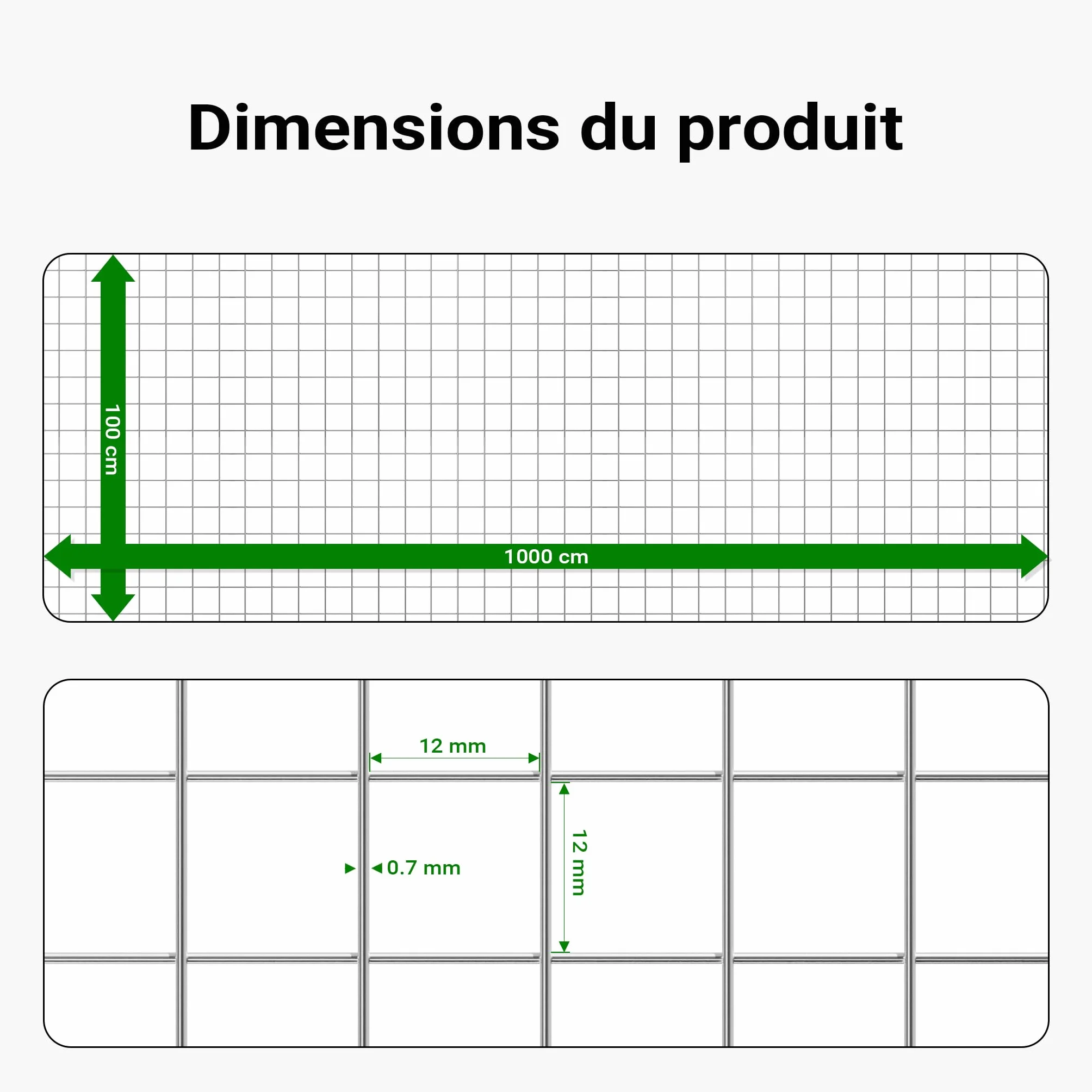 Wiltec Grillage à mailles 1 m x 10 m Acier galvanisé Maille 12 x 12 mm Épaisseur fil 0,7 mm Grille métallique