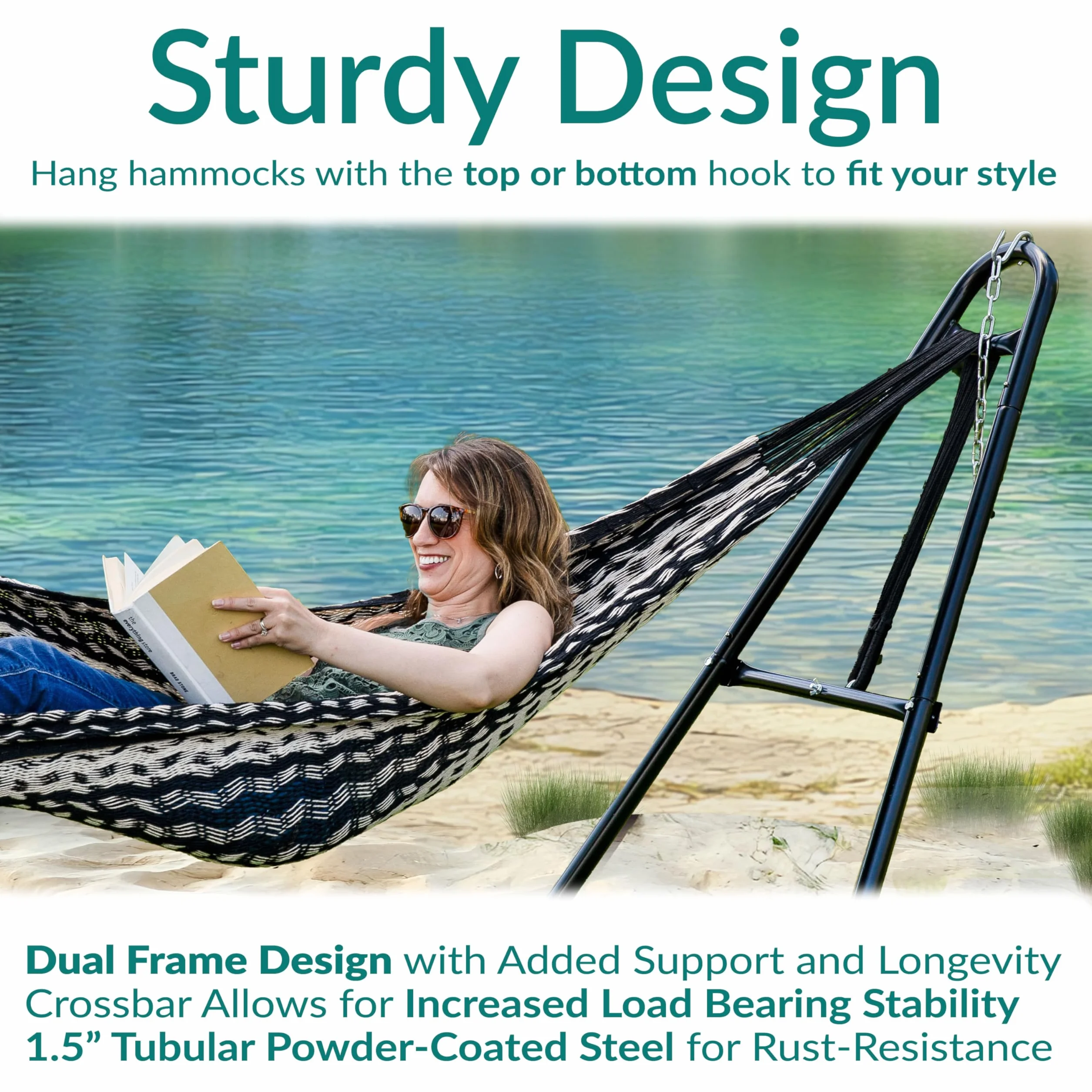 Sunnydaze Support Hamac Universel en Acier Robuste - Capacité 249,5 kg pour Hamacs 274,3-426,7 cm - Noir