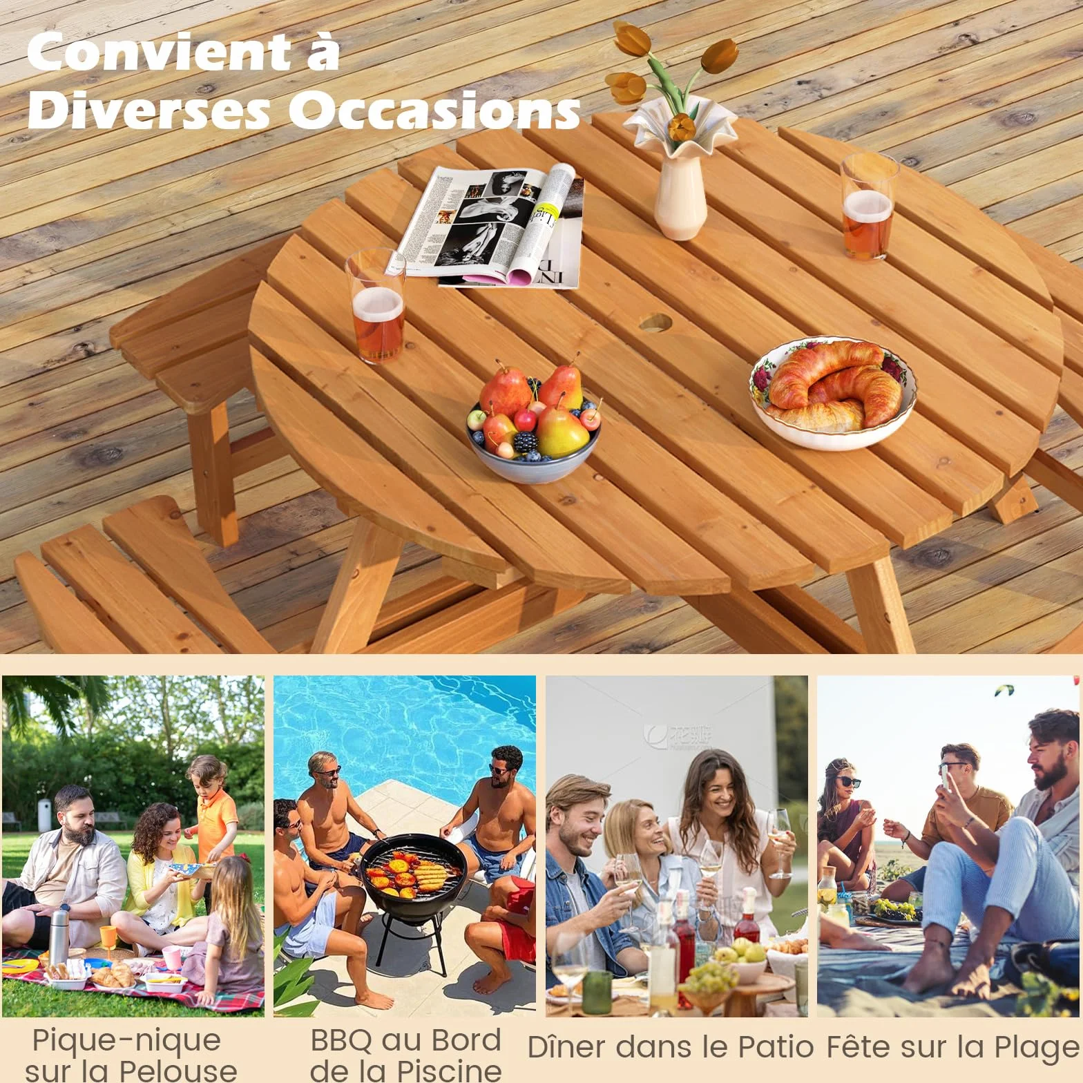 COSTWAY Table de Pique-Nique Bois 2-8 Personnes Set Jardin Bancs Circulaire 4 Bancs Intégrés Parasol 5 cm Jaune 179x179x70 cm