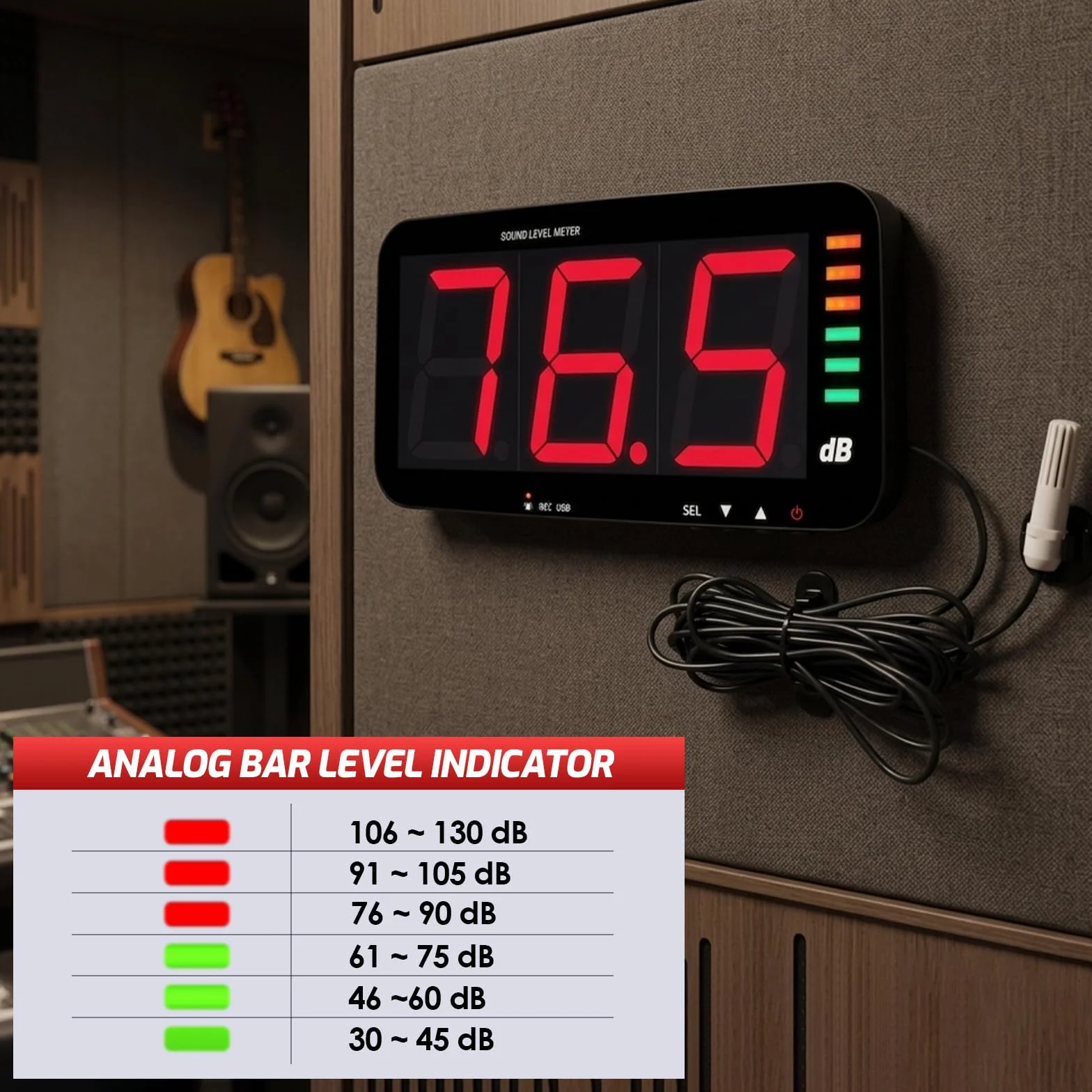 Sonomètre Numérique Mural (30 à 130 dB) Avec écran de 13 Pouces, Fonction D'enregistrement des Données et Alarme de Bruit, Compatible avec Une Connexion PC