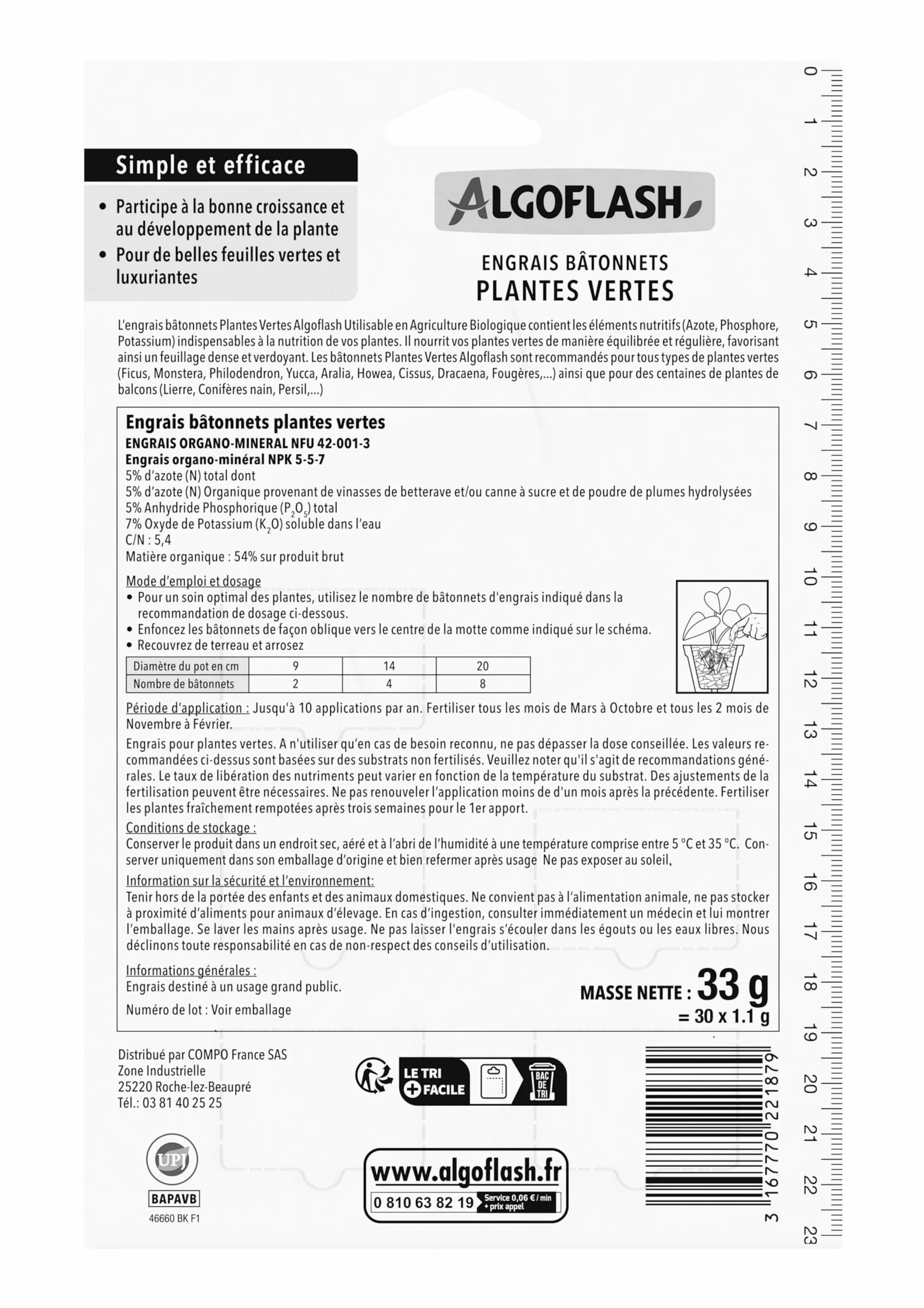 Algoflash Bâtonnets Engrais Plantes Vertes Agriculture Biologique 30 Bâtonnets