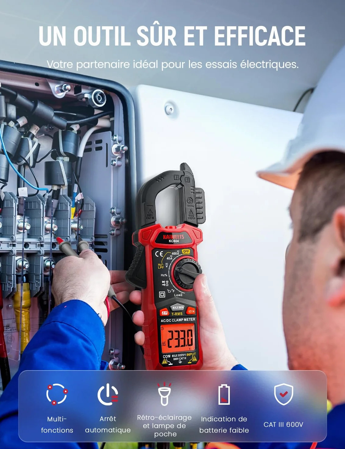 KAIWEETS Pince Ampèremètre AC/DC, Pince Multimètre Mesurer la Tension AC/DC/Courant/Température/Continuité/Diode/NCV, Pince Ampèremétrique avec Lampe de Poche, Rétro-éclairage, Mâchoire-D, KC604