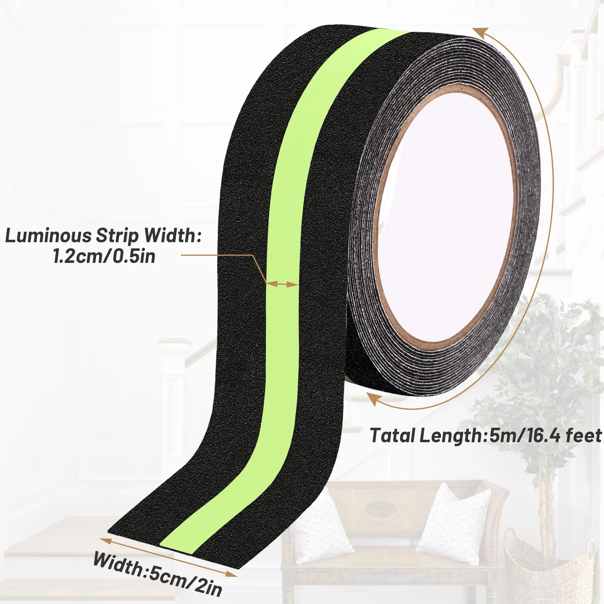 Ruban adhésif antidérapant avec Film Lumineux Brille dans Le Noir 2 Rolls Bande Antidérapante Adhésive Bande de Sécurité pour Escaliers échelles sols glissants Intérieur et Extérieur 5cm x 5m