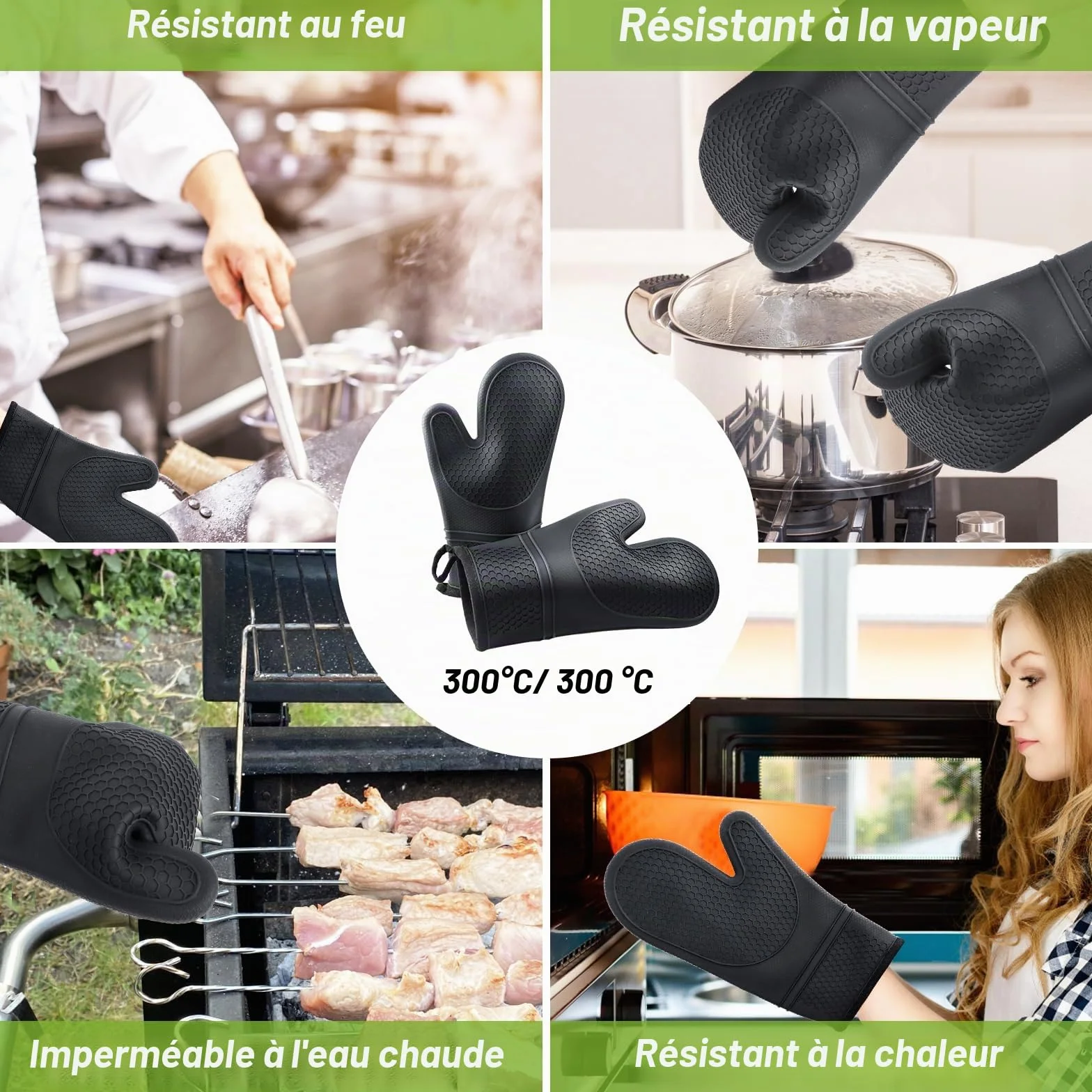 Gants de four résistants à la chaleur 300°C, set de 2 maniques silicone pour cuisine BBQ