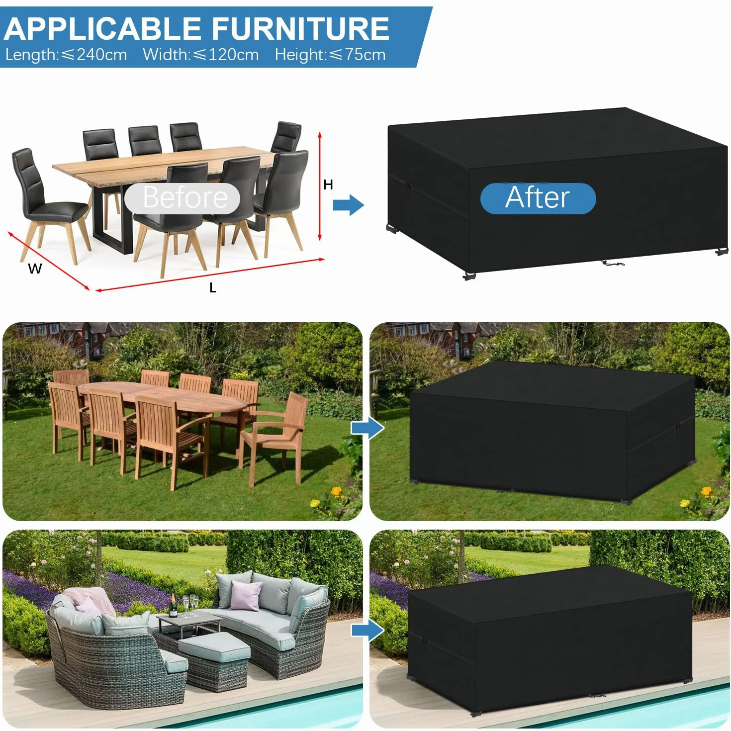 VANSHEIM Housse Protection Mobilier de Jardin Impermeable 420D Tissu Oxford 240x120x75cm