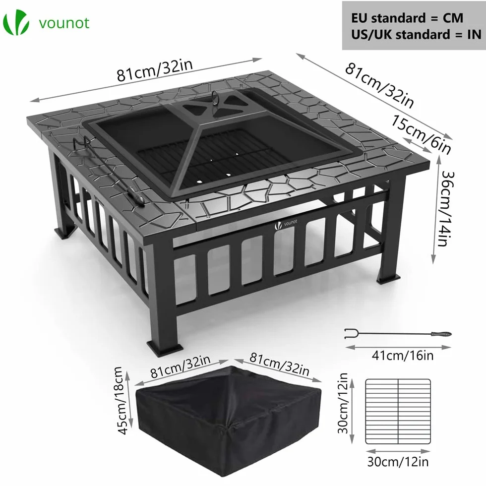 VOUNOT Brasero Exterieur Jardin 81x81x45cm Poêle Chauffant Noir