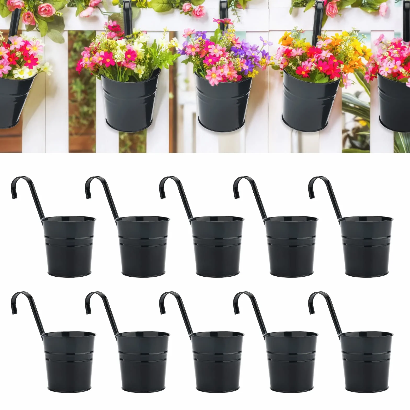 KINGLAKE 10 pièces 16cm Pots de Fleurs en métal à Suspendre Noir avec Crochet Amovibles