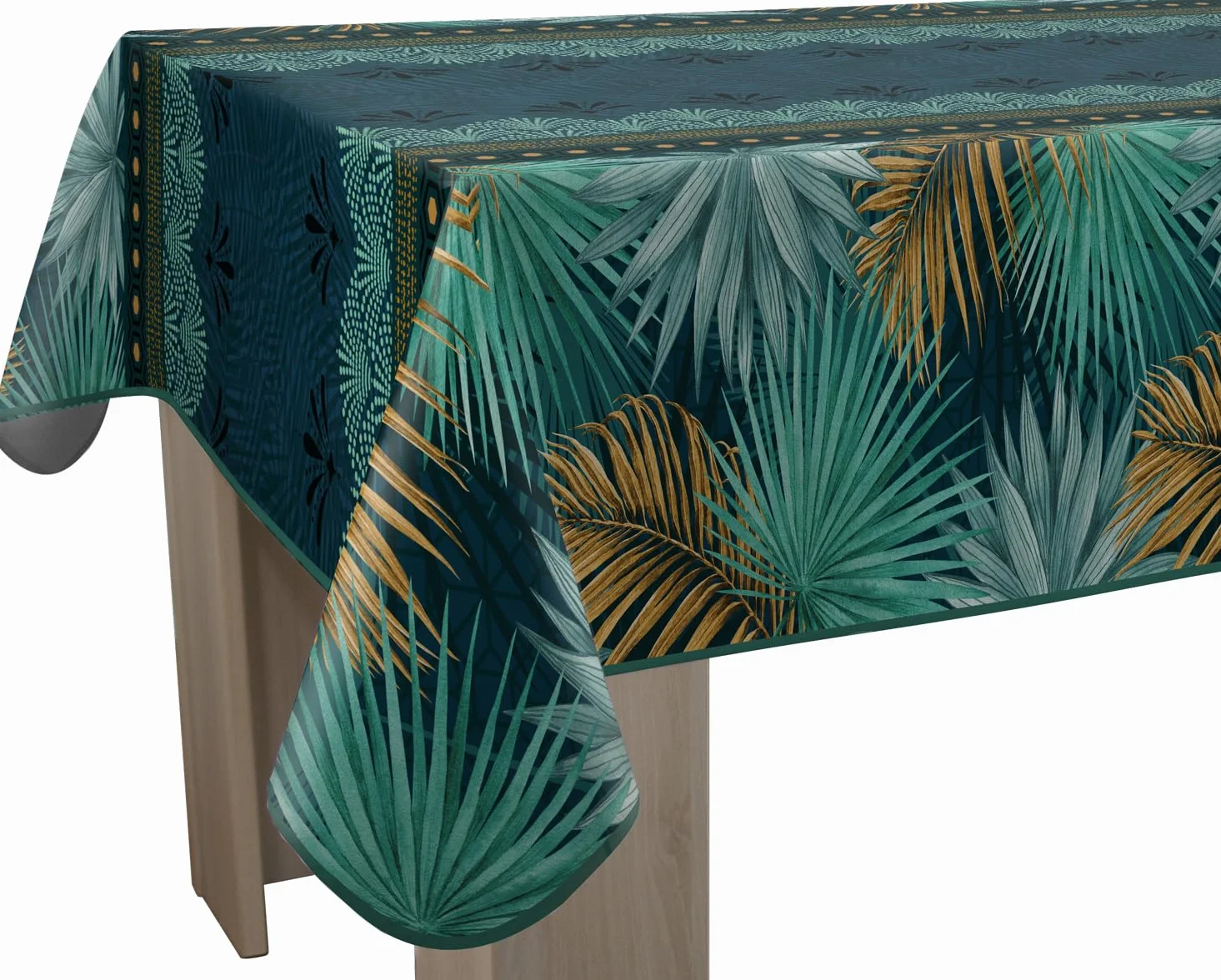 Nappe Anti-Taches Paraiso Le Linge de Jules Rectangle 150 x 300 cm Bleu Vert Moutarde