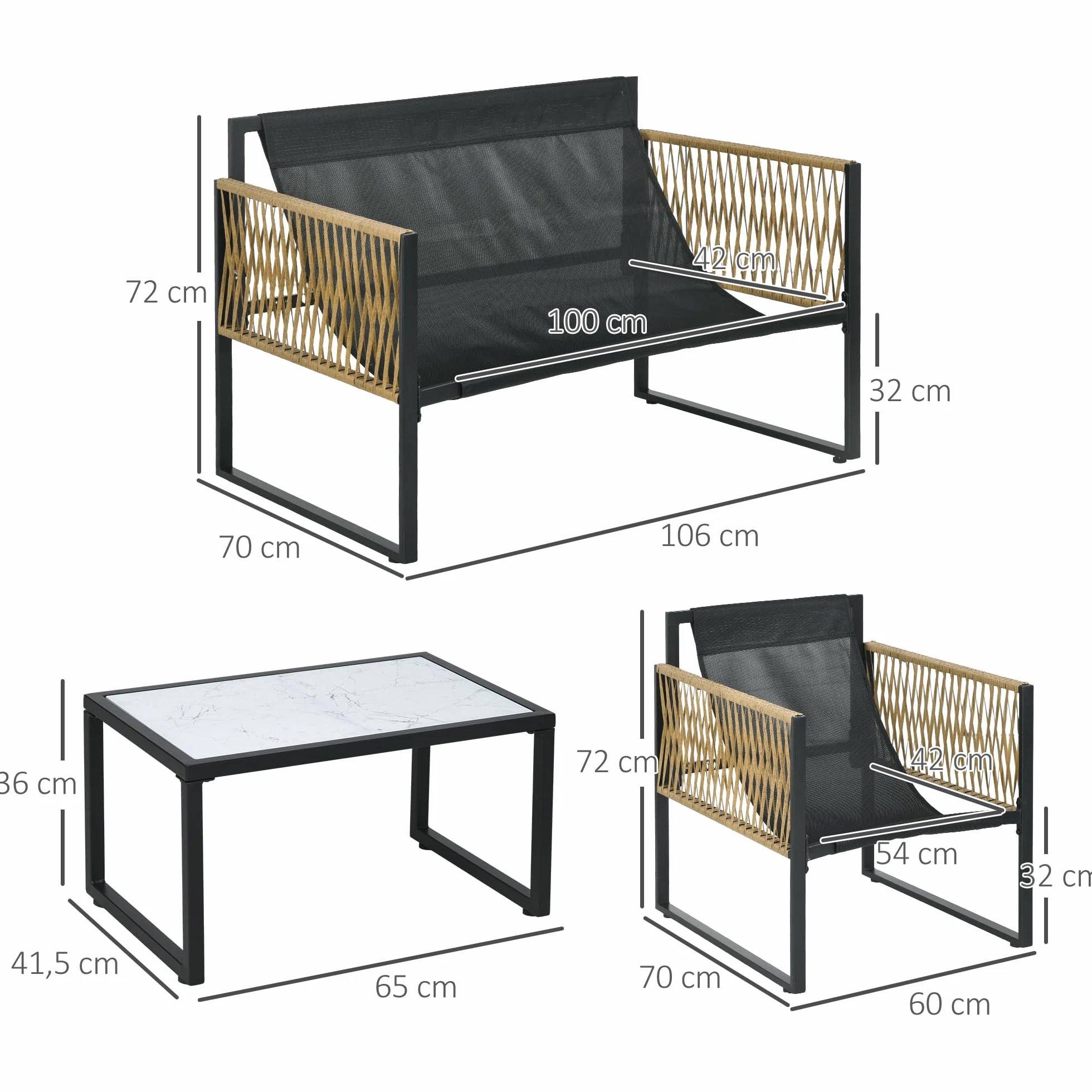 Salon de Jardin extérieur 4 pièces Outsunny canapé 2 places 2 fauteuils table basse plateau verre trempé acier résine tressée crème