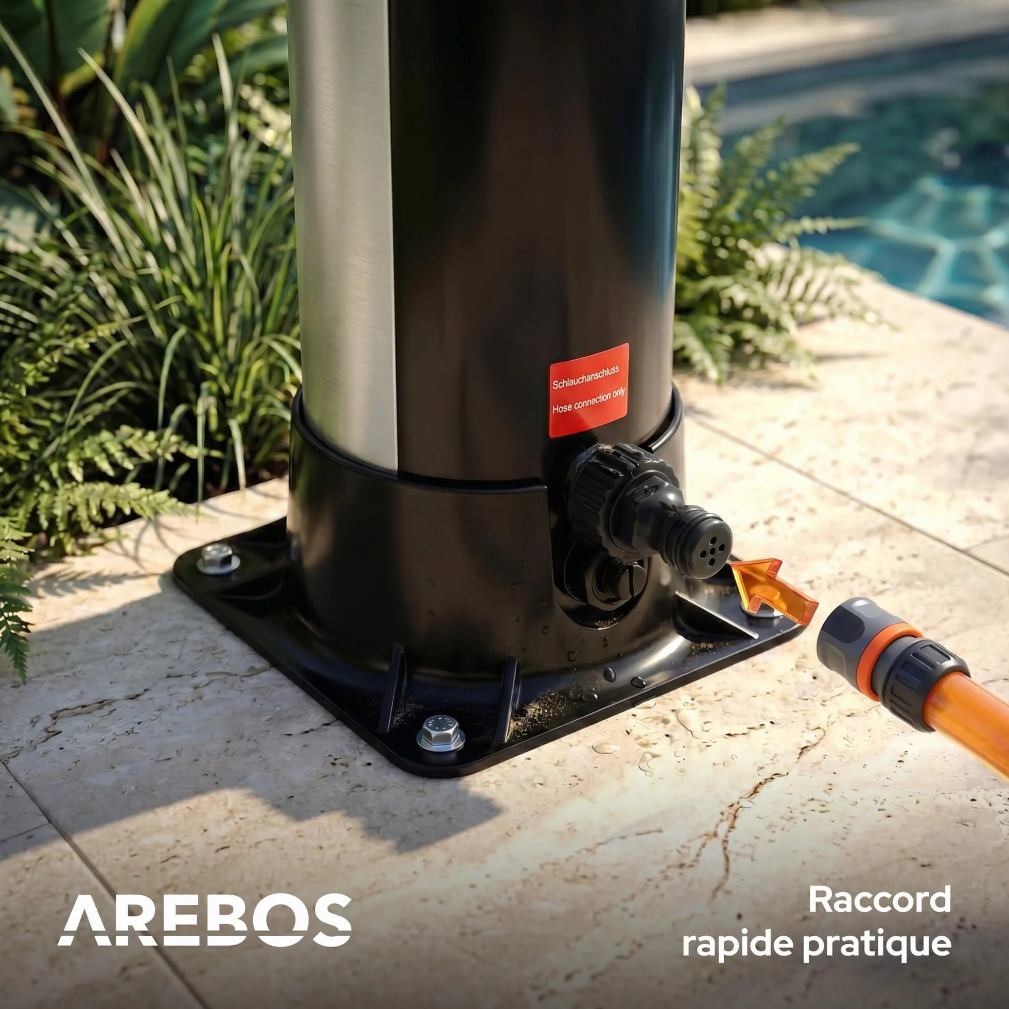 AREBOS Douche Solaire 40 L 220 cm Thermomètre intégré Pomme Ronde douchette Pieds Argent-Noir
