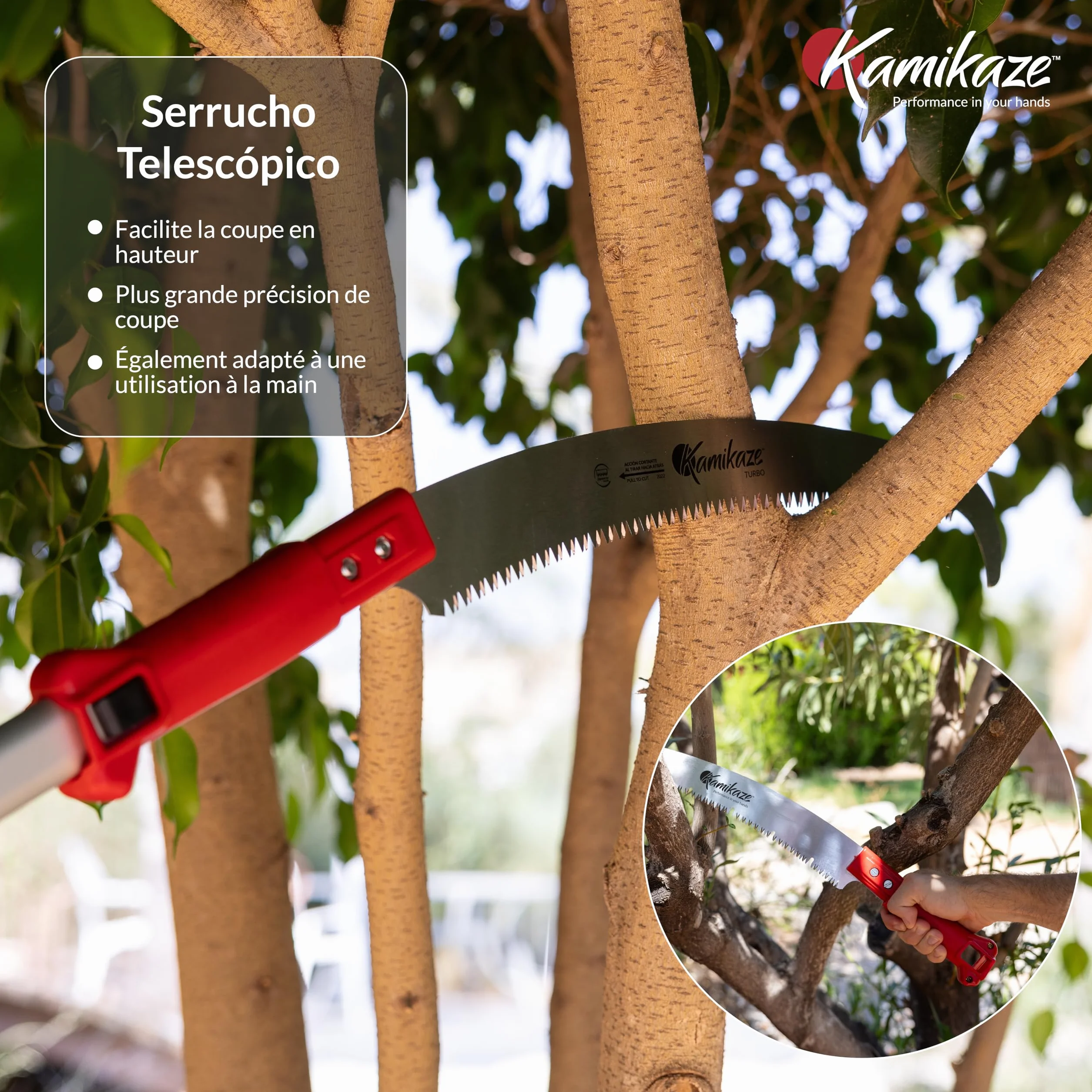 Kamikaze Kit d’Élagage en Hauteur 3 en 1 de 6m – Coupe-Branche Télescopique avec Sécateur Télescopique + Scie Télescopique, Tête Rotative, Attache Rapide, Compatible avec Outils Wolf (3 x 2 m)