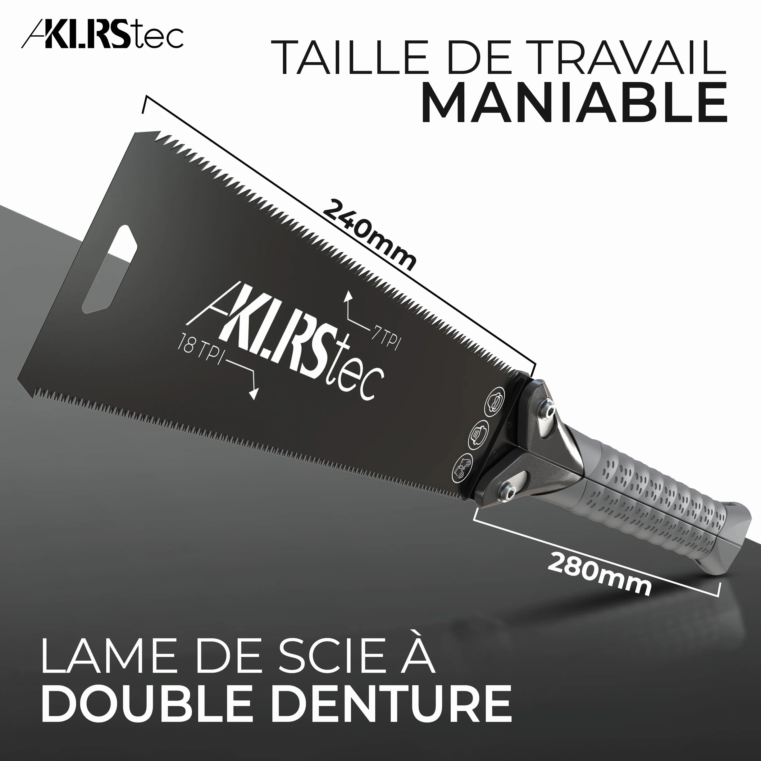 KLRStec Scie japonaise PRO XL - Lame de scie dentelée des deux côtés [240mm] en acier au carbone - Scie de traction pliable avec poignée TPU antidérapante