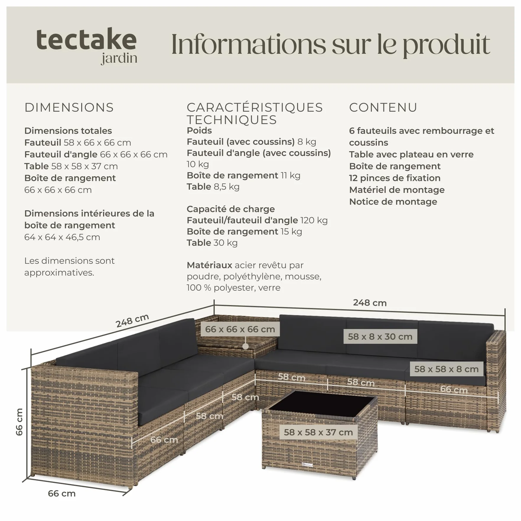 Tectake Salon de Jardin en Rotin 6 Places Resine Tressee Modulable avec Coffre et Table en Verre Marron Naturel