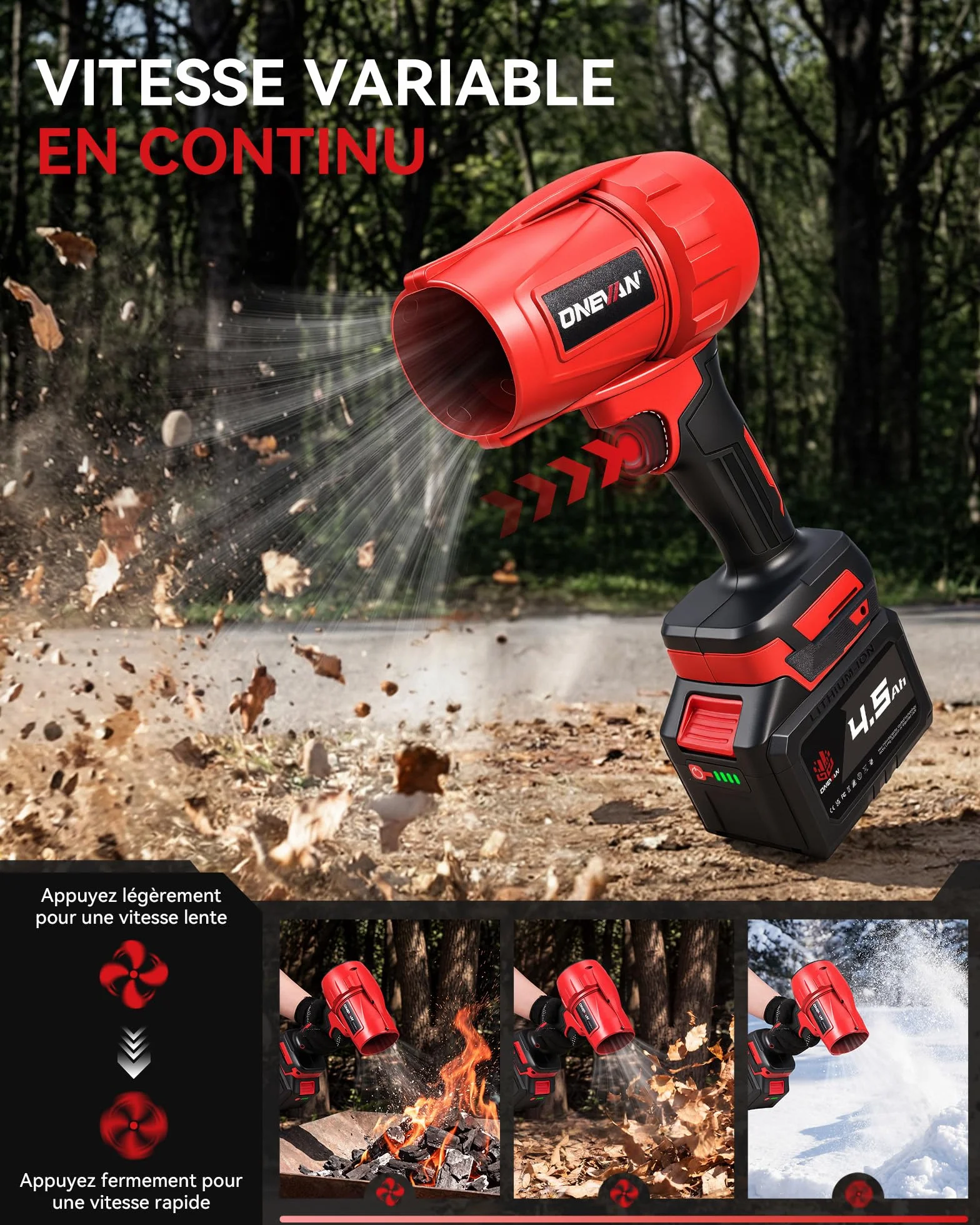 ONEVAN Souffleur de Feuilles Turbo sans Fil 600km/h 2 Batteries 4,5Ah Brushless