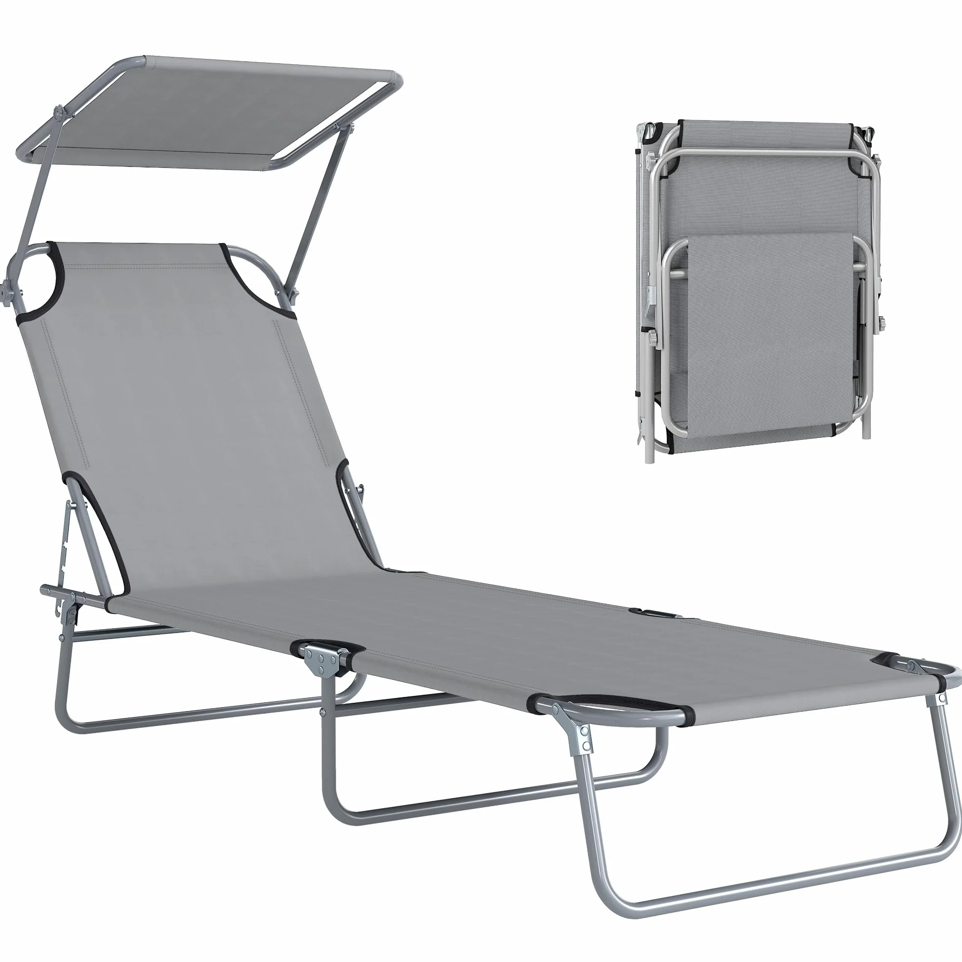 Outsunny Chaise Longue Pliante Transat Bain de Soleil 187x58x36 cm Gris Clair