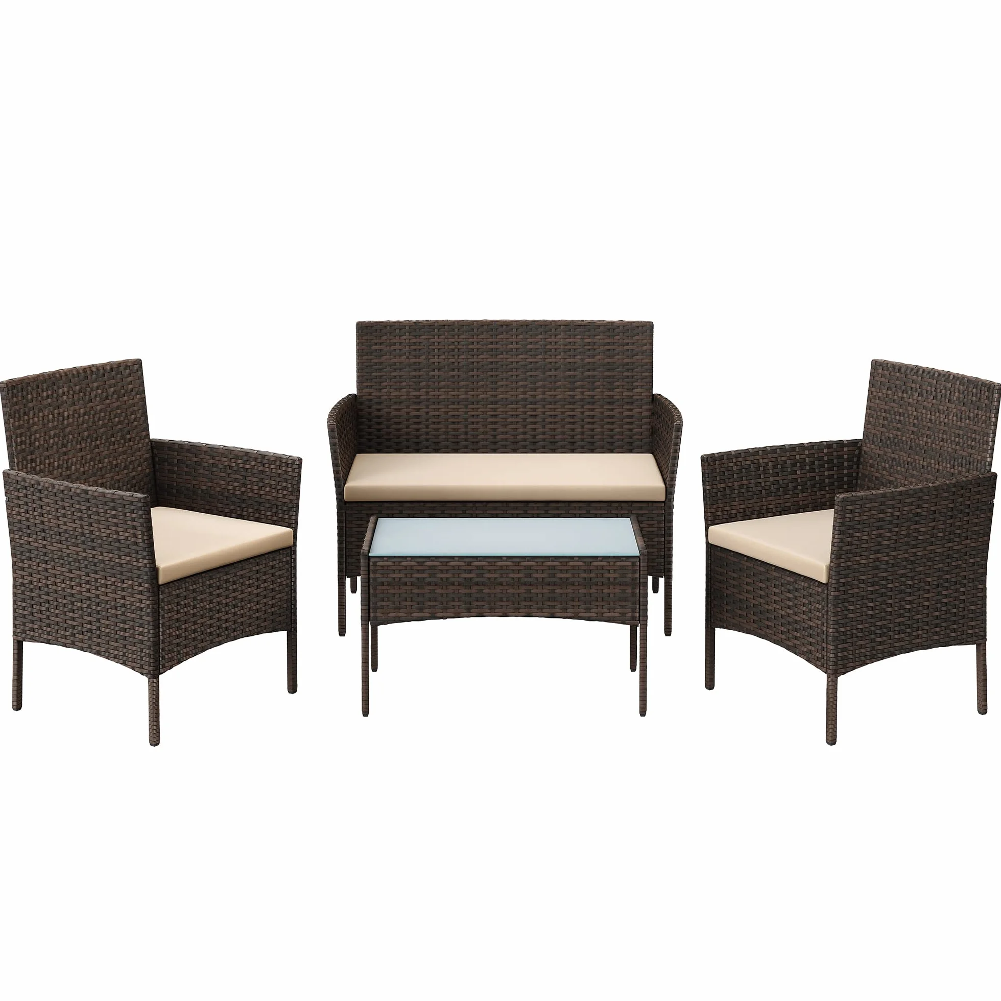 SONGMICS Salon de Jardin Extérieur 4 Places Résine Tressée PE, Table + 2 Fauteuils + Banquette 2 Places, Marron et Taupe