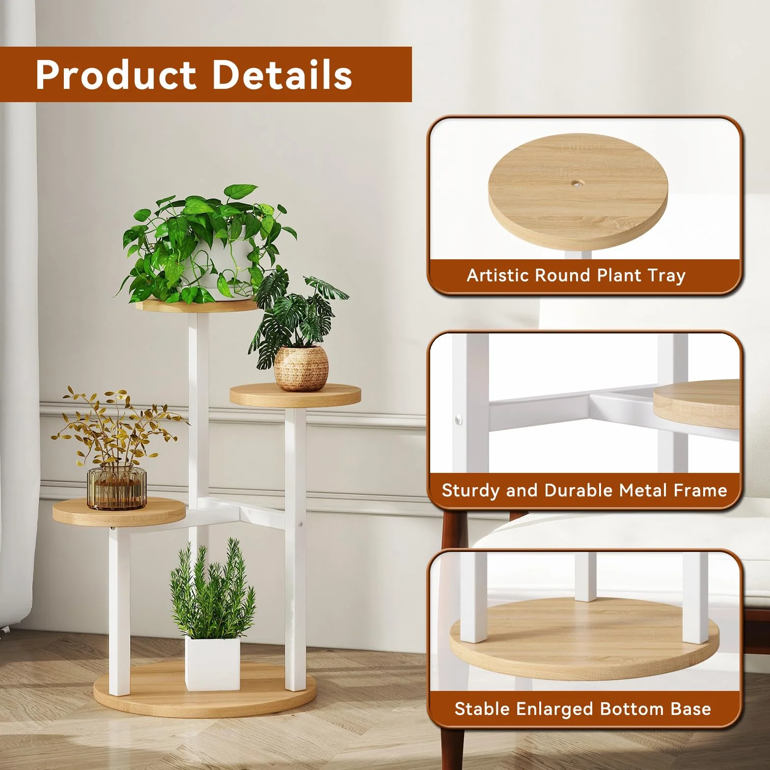 IBUYKE Support de Plante en Métal Bois 4 Niveaux 52.5cm Étagère d'Angle Blanc