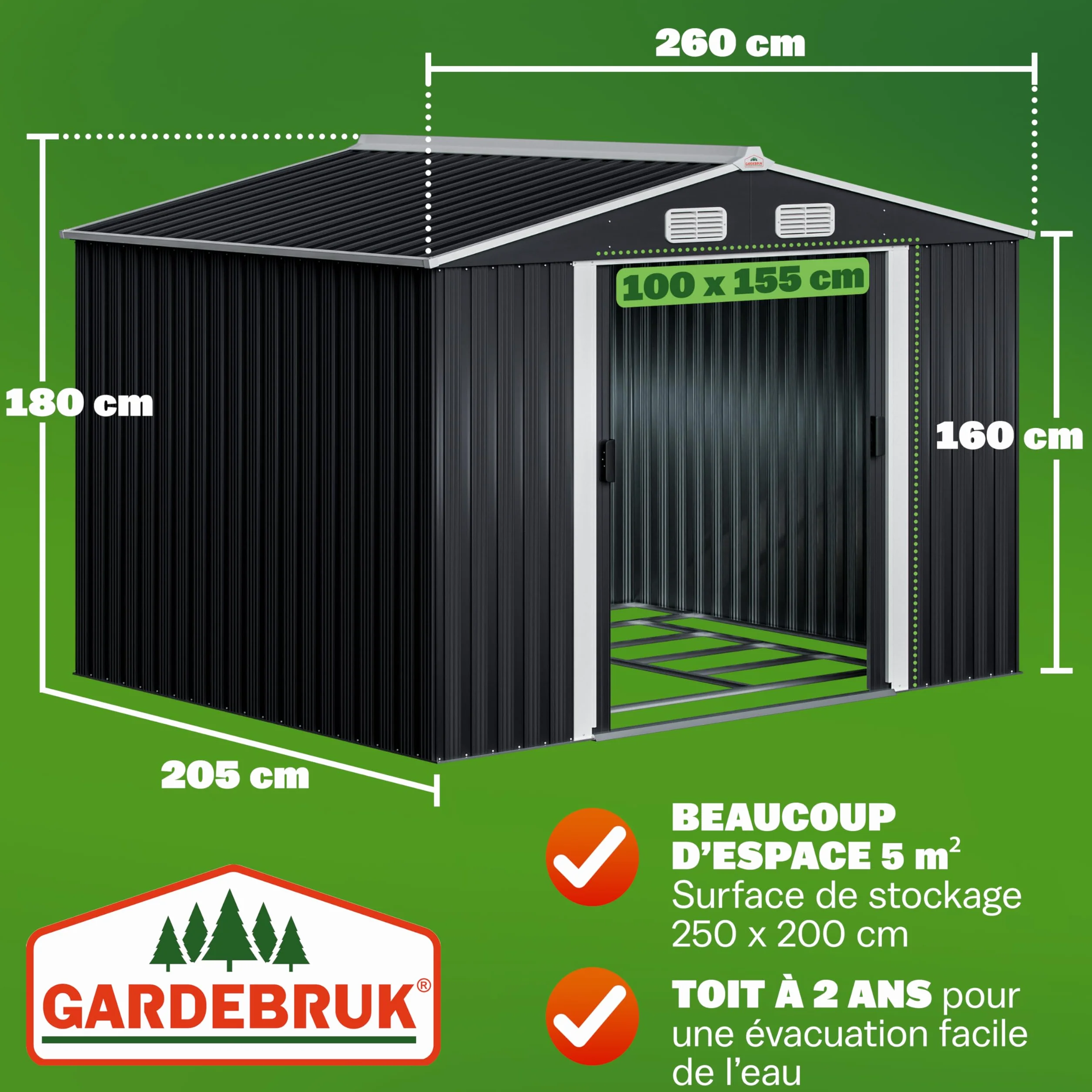 GARDEBRUK® Abri de Jardin métal XXL 5m² Fondation 260x205x180cm Porte coulissante Anthracite cabane de Jardin