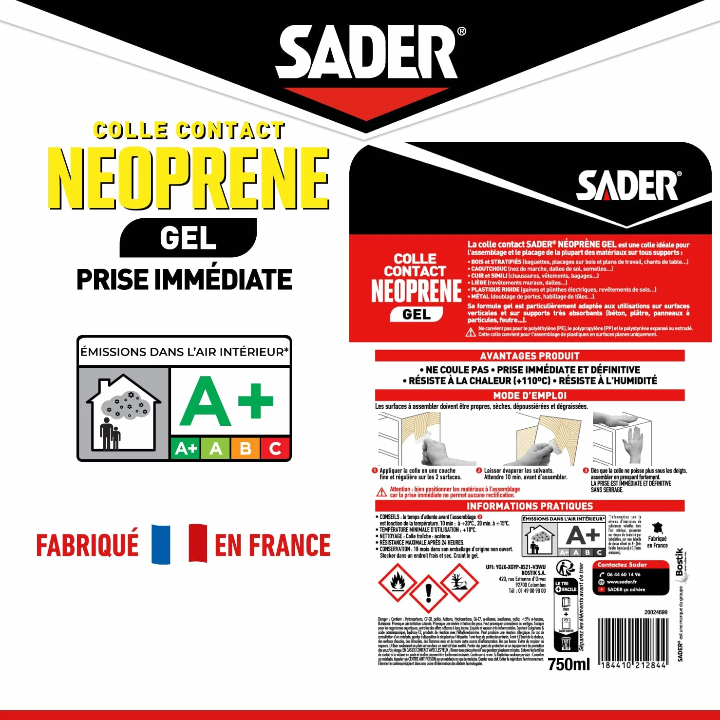 Sader Colle Contact Néoprène Gel – Colle Extra Forte Tous Matériaux – Prise Immédiate – Idéale pour Supports Poreux ou Verticaux – Spatule Incluse – Boîte de 750 ml