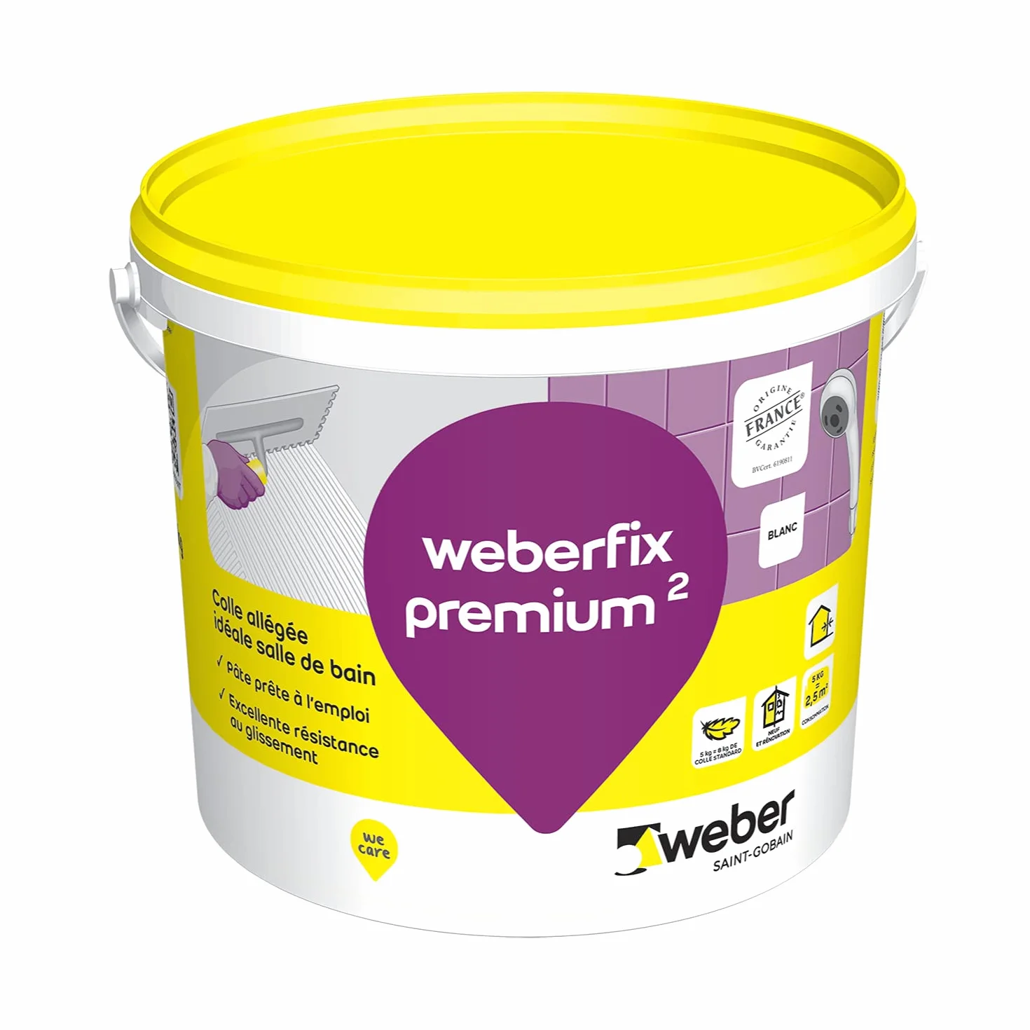 Colle pour carrelage, 5kg, blanc, en pâte pour murs intérieurs et extérieurs, prête à l'emploi, spéciale salle de bain et cuisine, WEBERFIX PREMIUM, WEBER