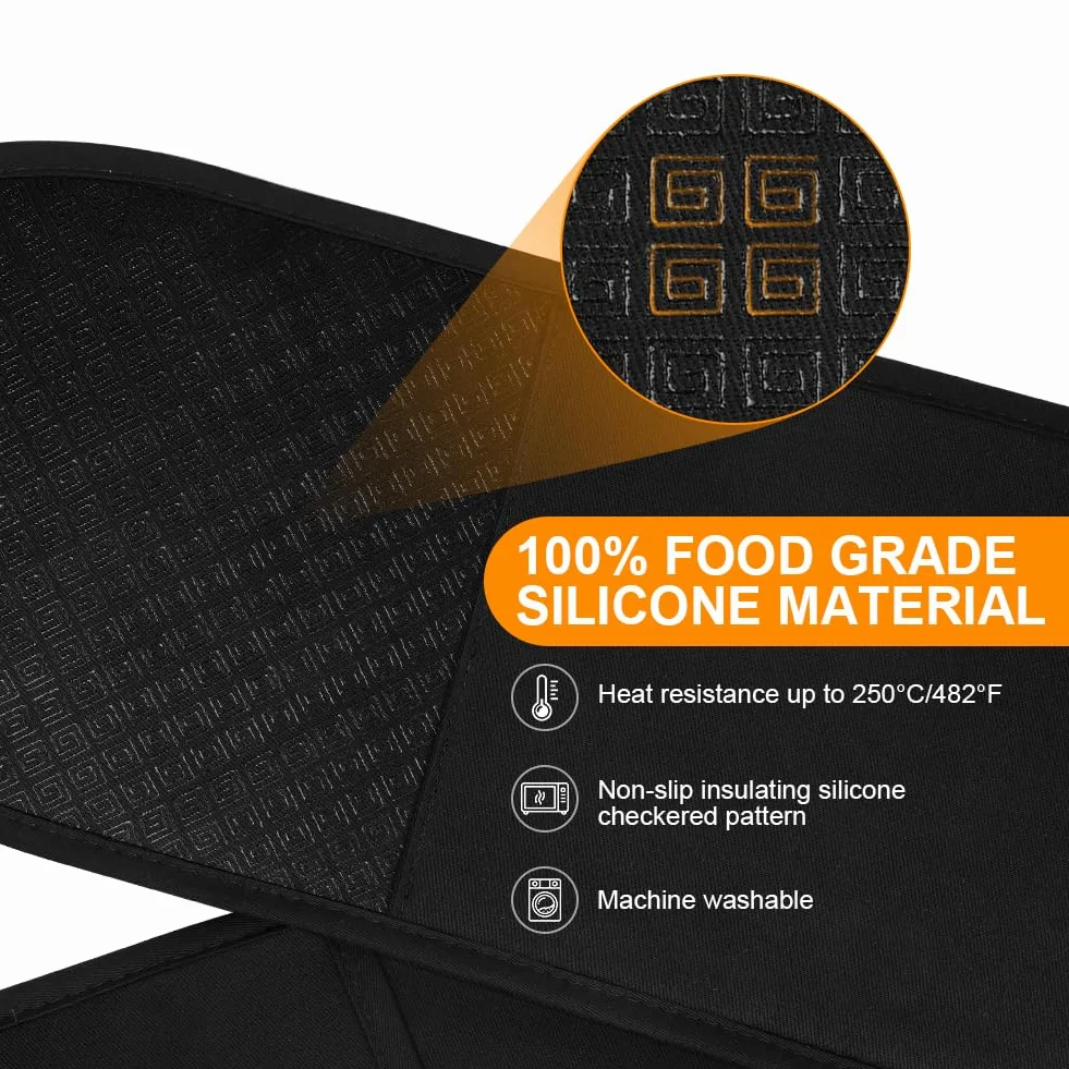 Gants de Cuisine Résistant à la Chaleur 250°C/482°F Silicone Antidérapant pour BBQ Four Grillades Noir