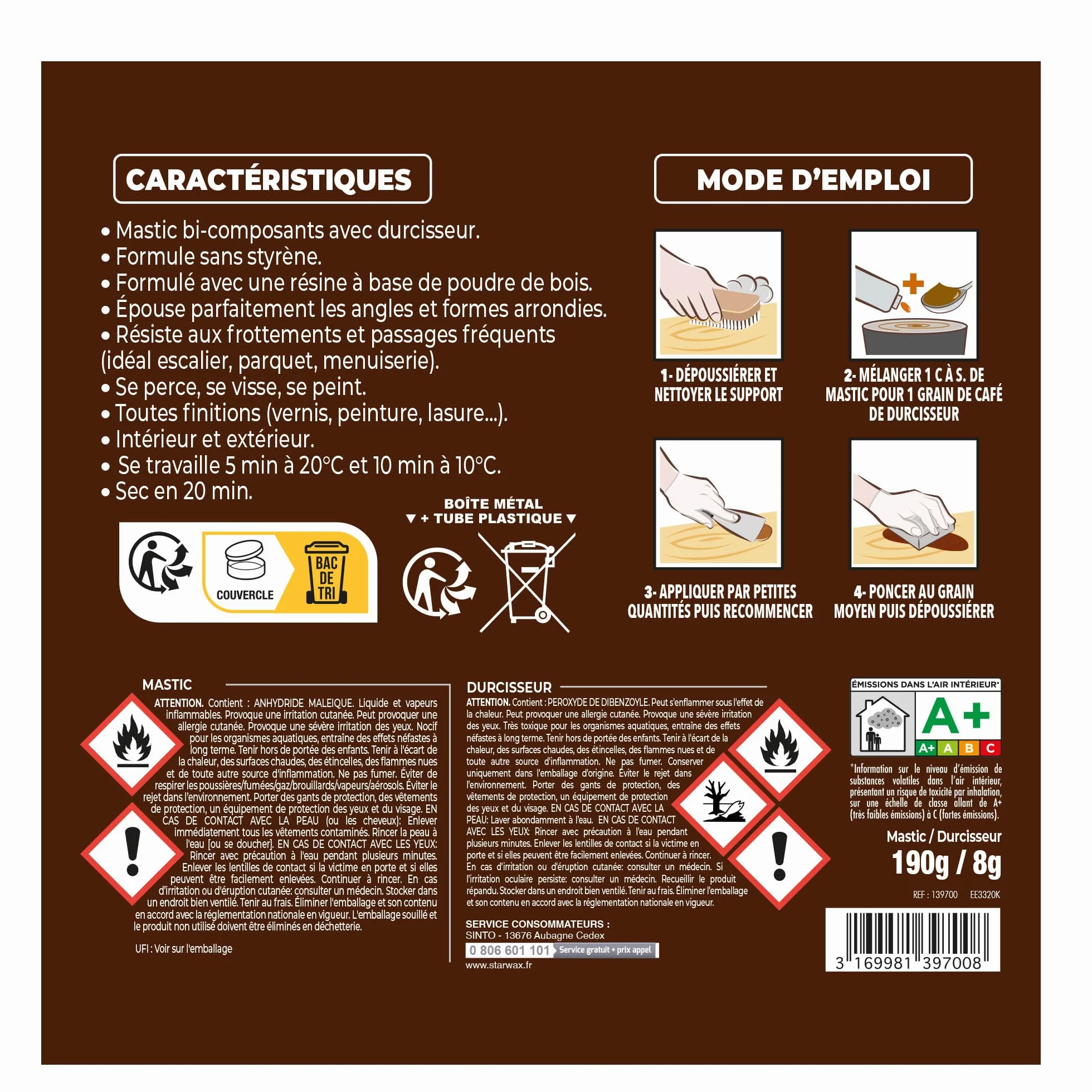 SINTO Mastic reconstitue angles et gros trous chêne 170ml, mastic bi-composant séchage en 20 min, parquets meubles menuiseries, bonne adhérence et résistance sur bois, intérieur et extérieur